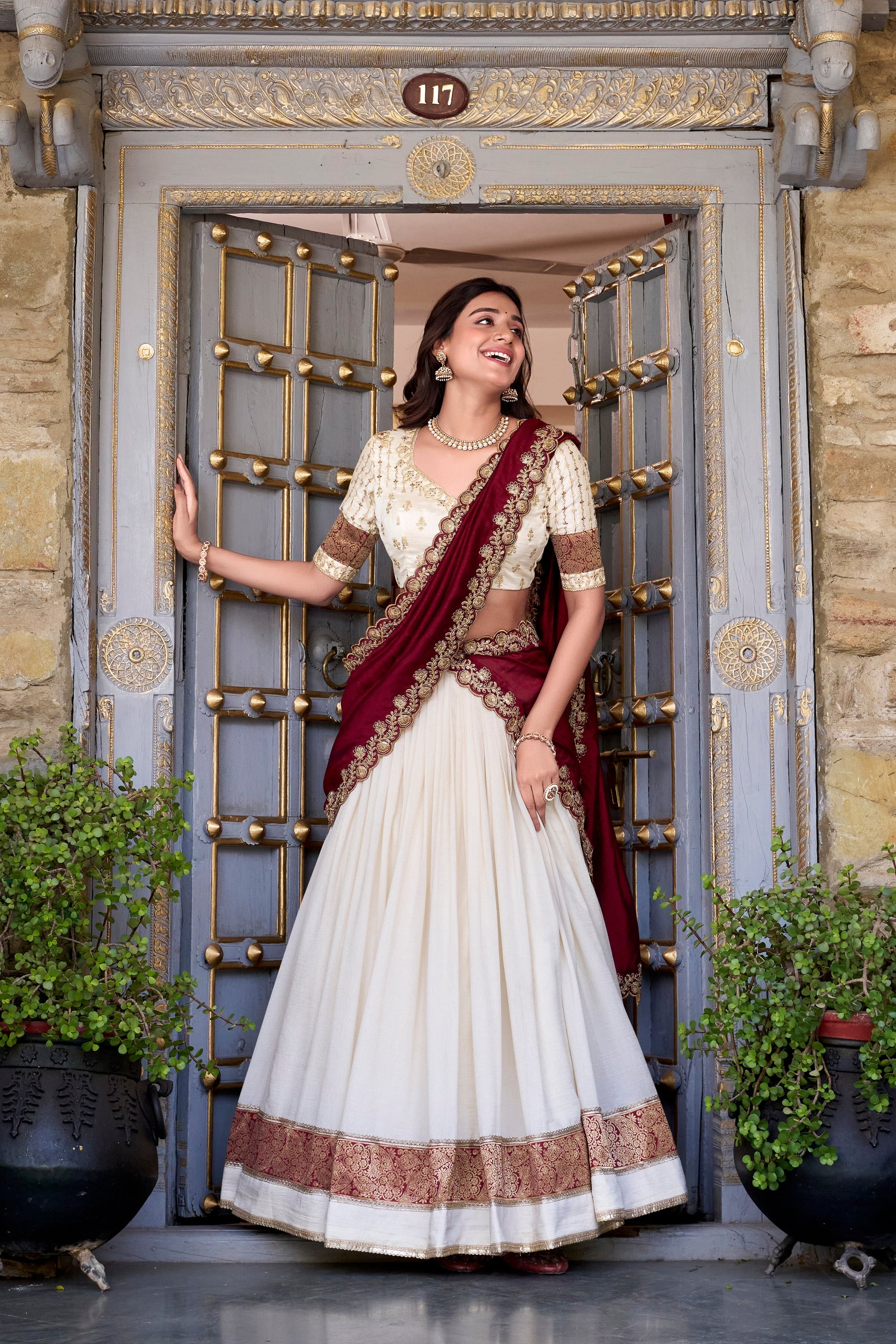 Lorenvalley Off White Vichitra Silk Zari Weaving Work Lace Border Belt with Sequins Lace Touch Up Lehenga Choli with Dupatta | Swadesiicart