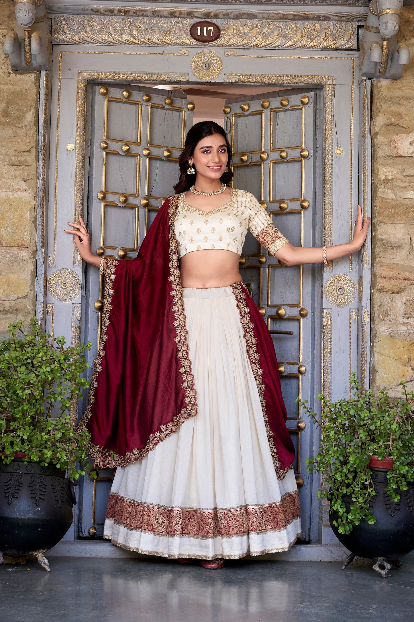 Lorenvalley Off White Vichitra Silk Zari Weaving Work Lace Border Belt with Sequins Lace Touch Up Lehenga Choli with Dupatta | Swadesiicart