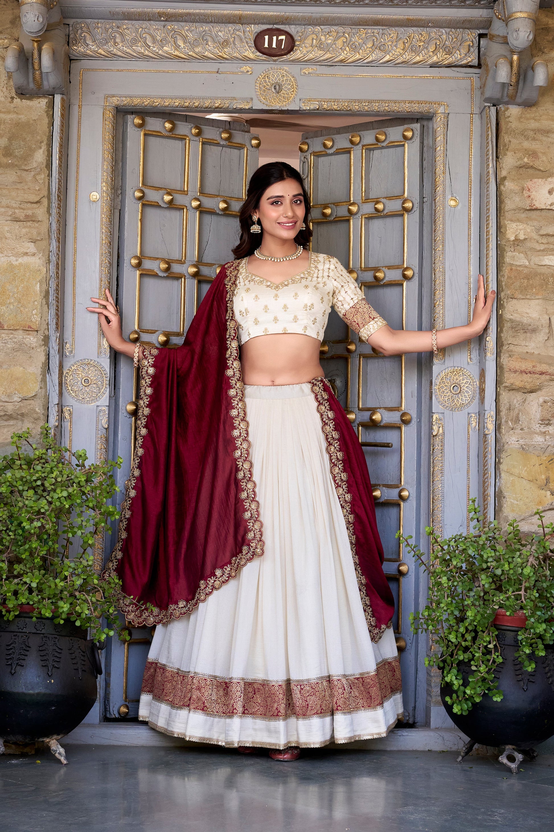 Lorenvalley Off White Vichitra Silk Zari Weaving Work Lace Border Belt with Sequins Lace Touch Up Lehenga Choli with Dupatta | Swadesiicart