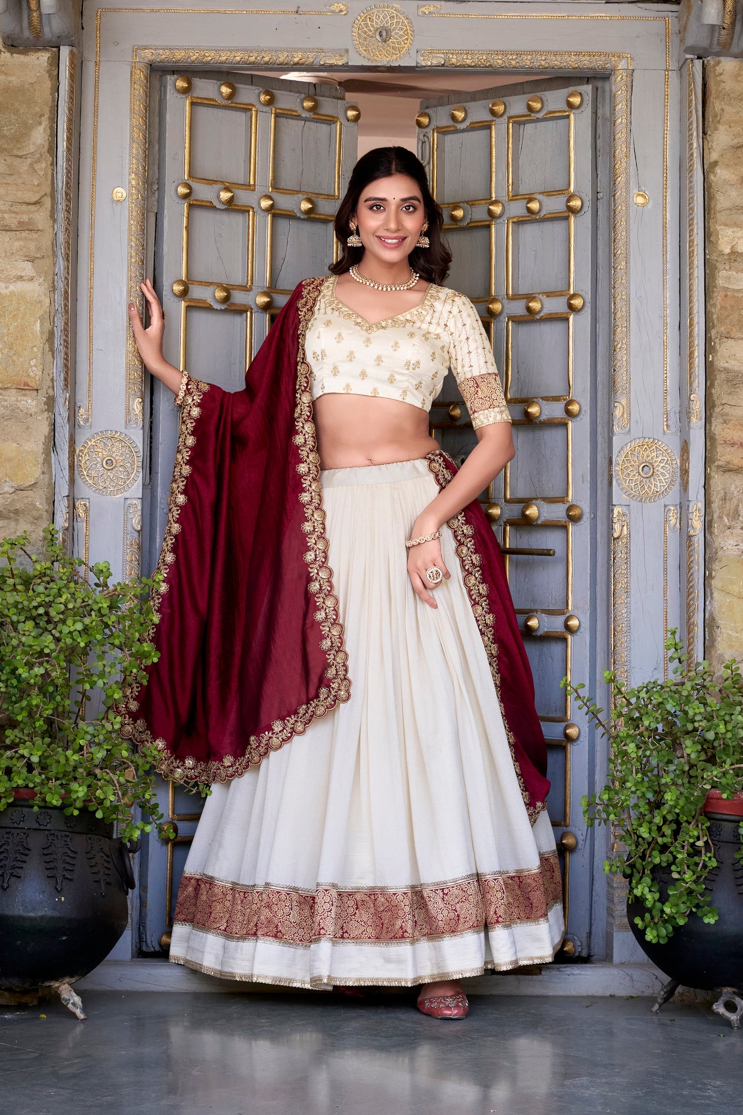 Lorenvalley Off White Vichitra Silk Zari Weaving Work Lace Border Belt with Sequins Lace Touch Up Lehenga Choli with Dupatta | Swadesiicart