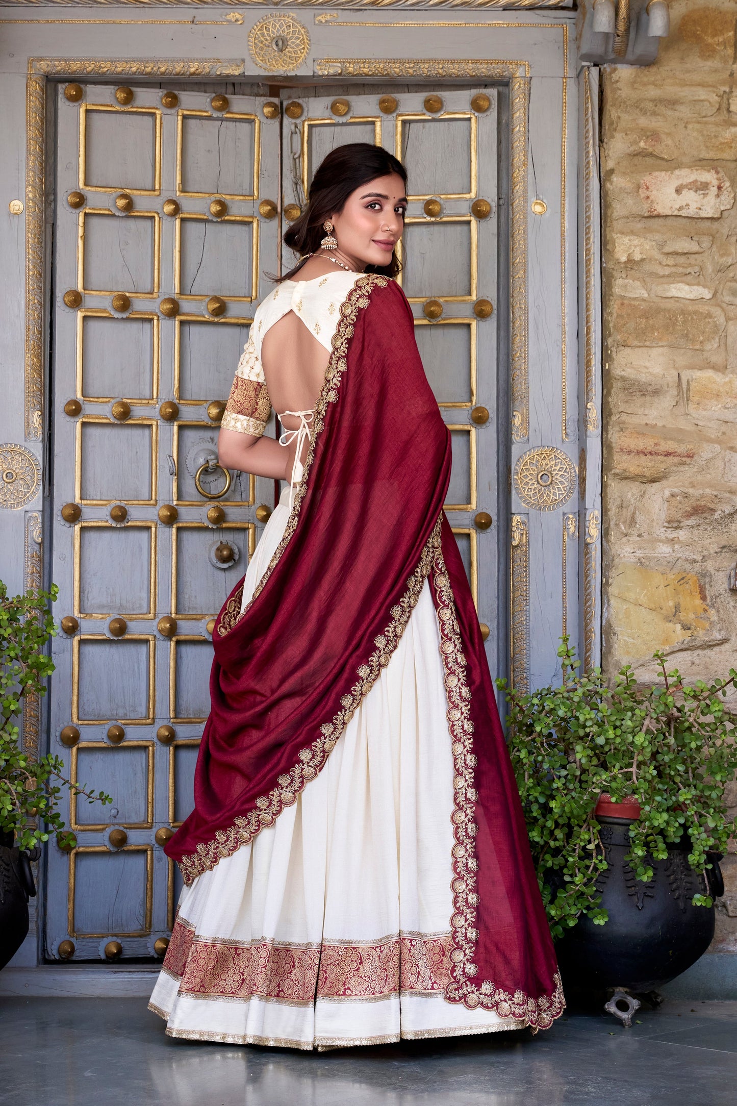 Lorenvalley Off White Vichitra Silk Zari Weaving Work Lace Border Belt with Sequins Lace Touch Up Lehenga Choli with Dupatta | Swadesiicart