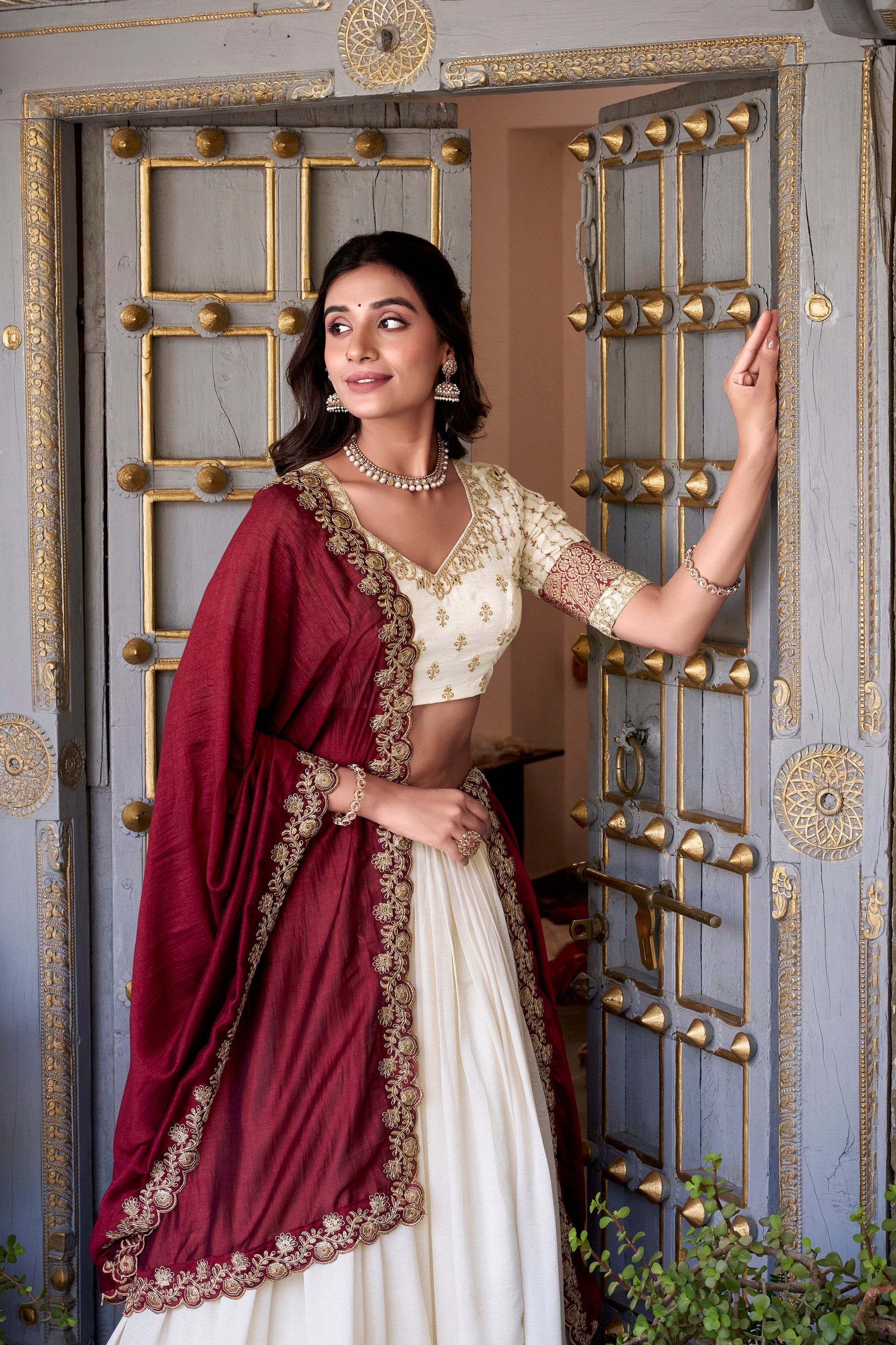 Lorenvalley Off White Vichitra Silk Zari Weaving Work Lace Border Belt with Sequins Lace Touch Up Lehenga Choli with Dupatta | Swadesiicart