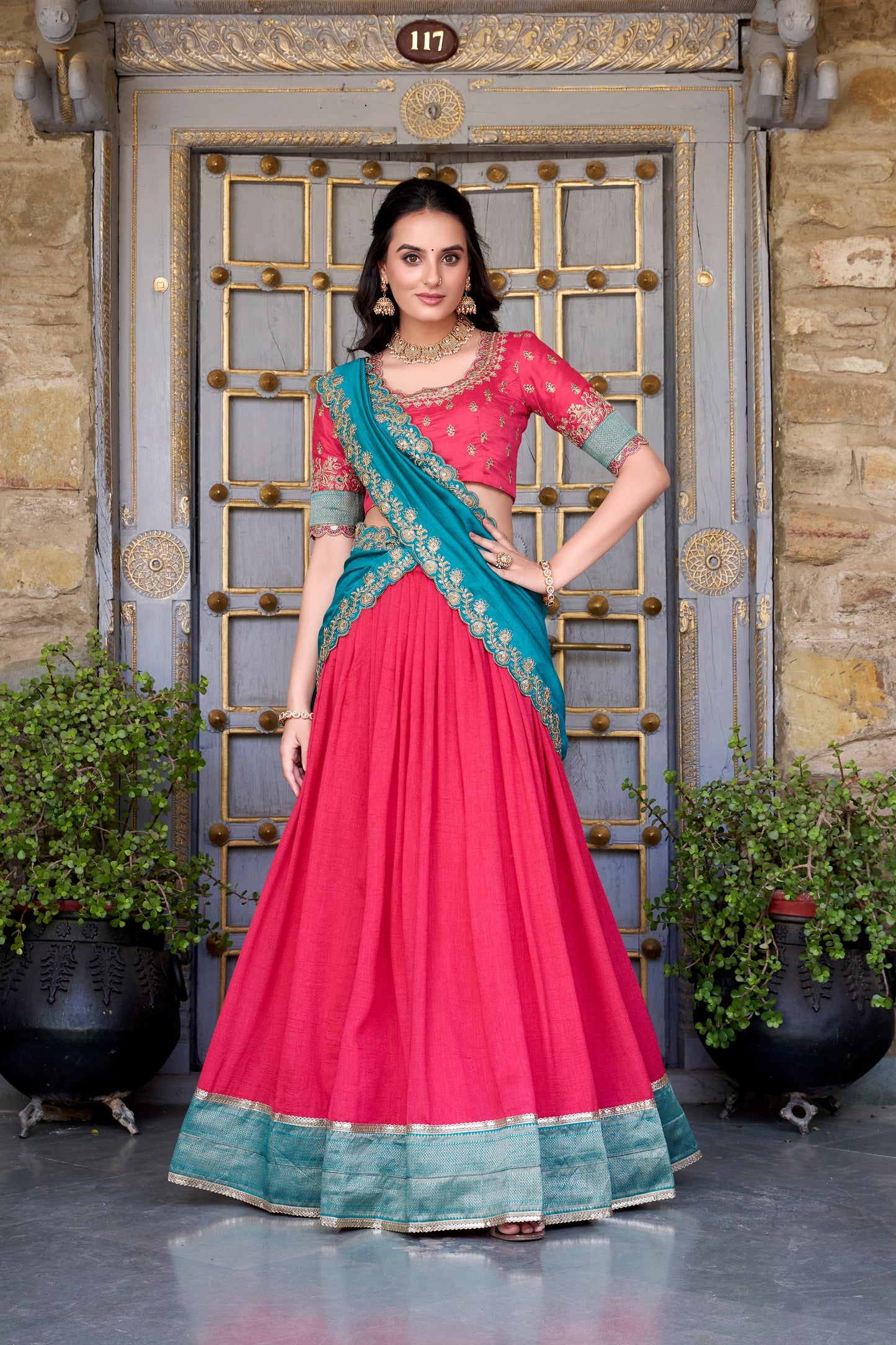 Lorenvalley Pink Vichitra Silk Zari Weaving Work Lace Border Belt with Sequins Lace Touch Up Lehenga Choli with Dupatta | Swadesiicart