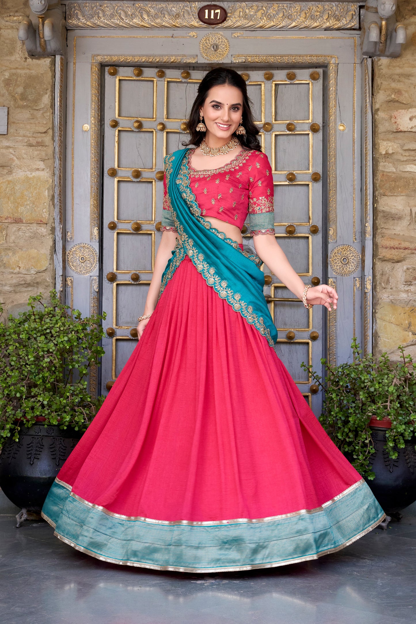 Lorenvalley Pink Vichitra Silk Zari Weaving Work Lace Border Belt with Sequins Lace Touch Up Lehenga Choli with Dupatta | Swadesiicart