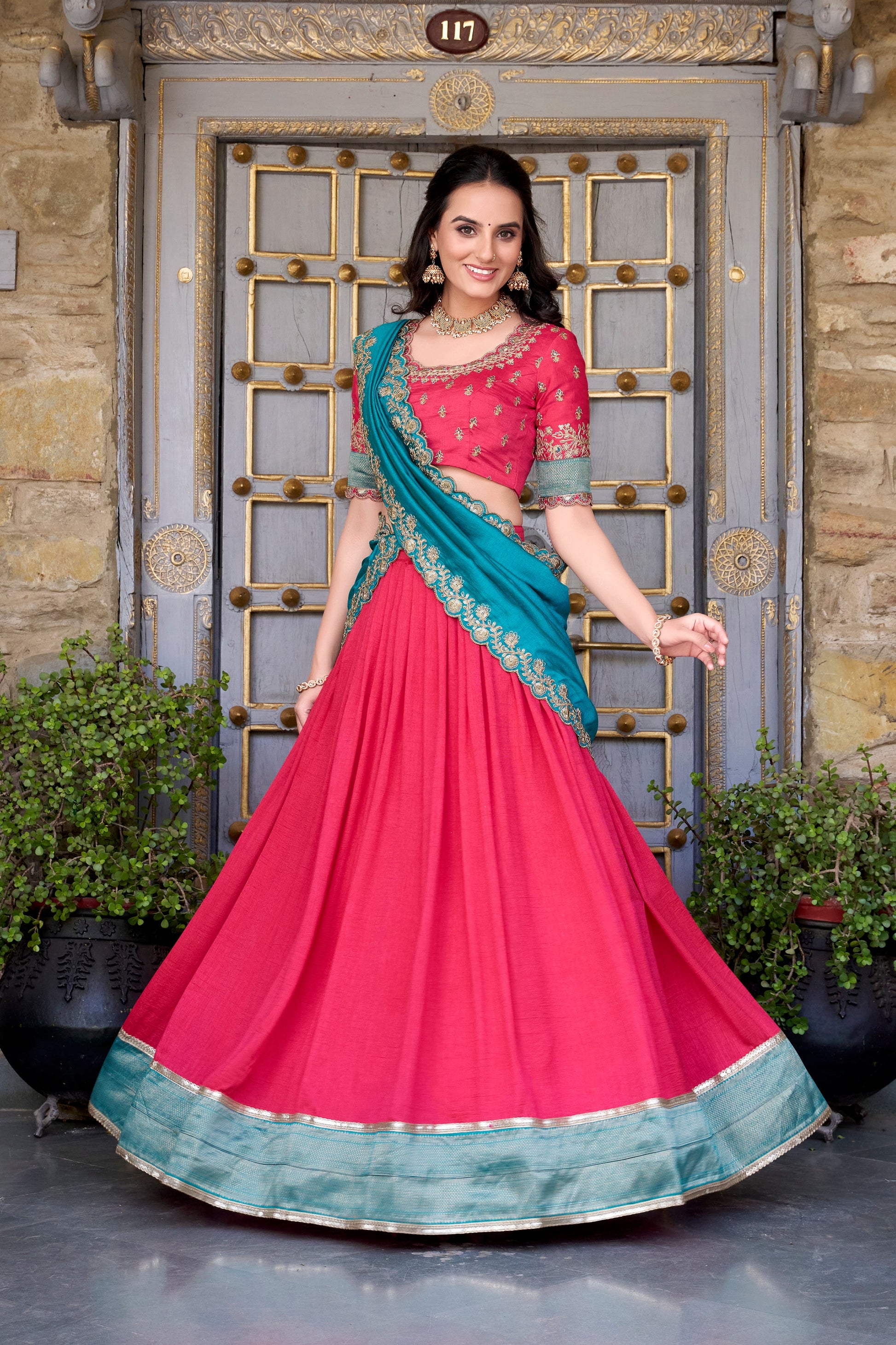 Lorenvalley Pink Vichitra Silk Zari Weaving Work Lace Border Belt with Sequins Lace Touch Up Lehenga Choli with Dupatta | Swadesiicart