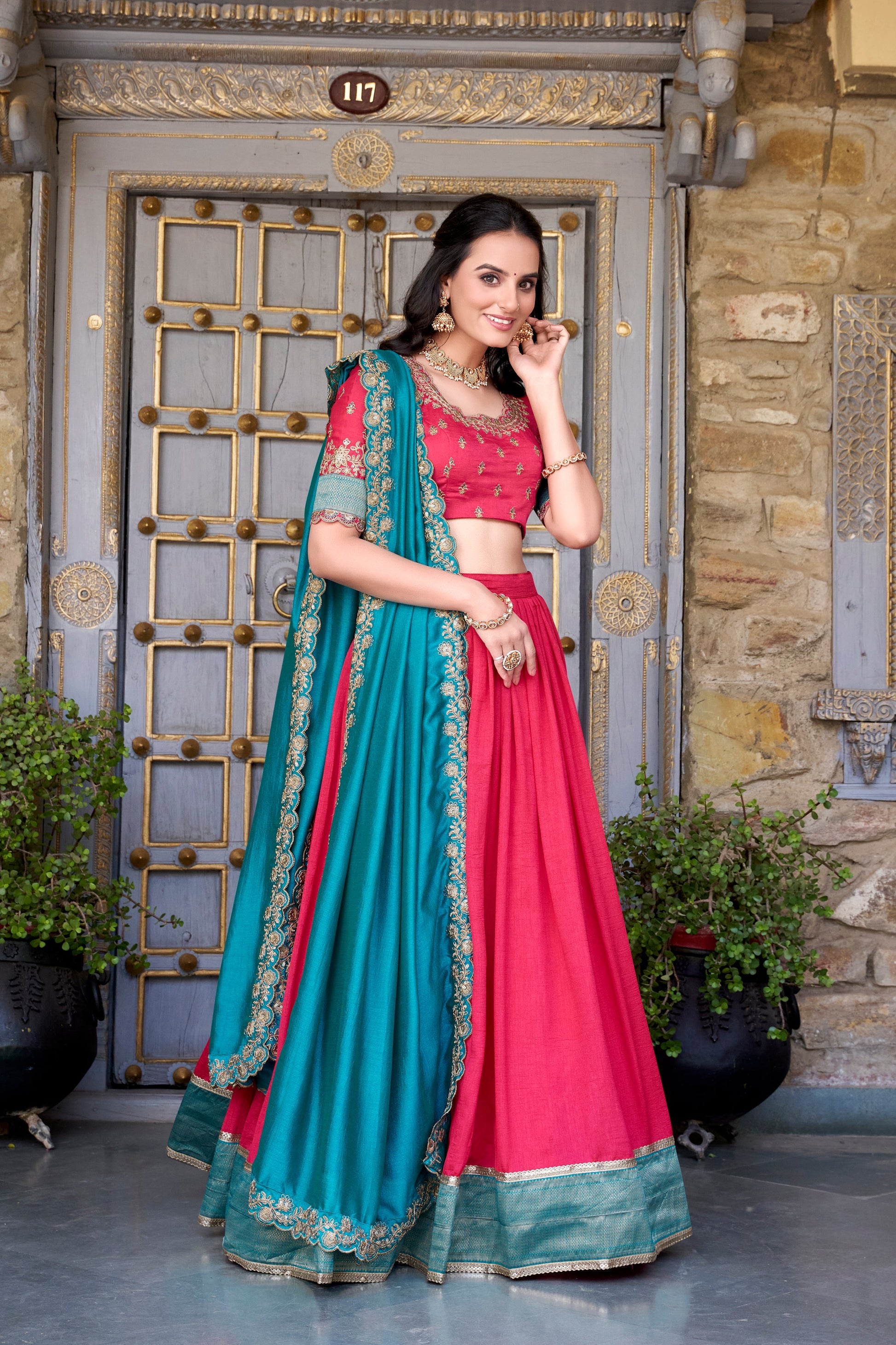 Lorenvalley Pink Vichitra Silk Zari Weaving Work Lace Border Belt with Sequins Lace Touch Up Lehenga Choli with Dupatta | Swadesiicart