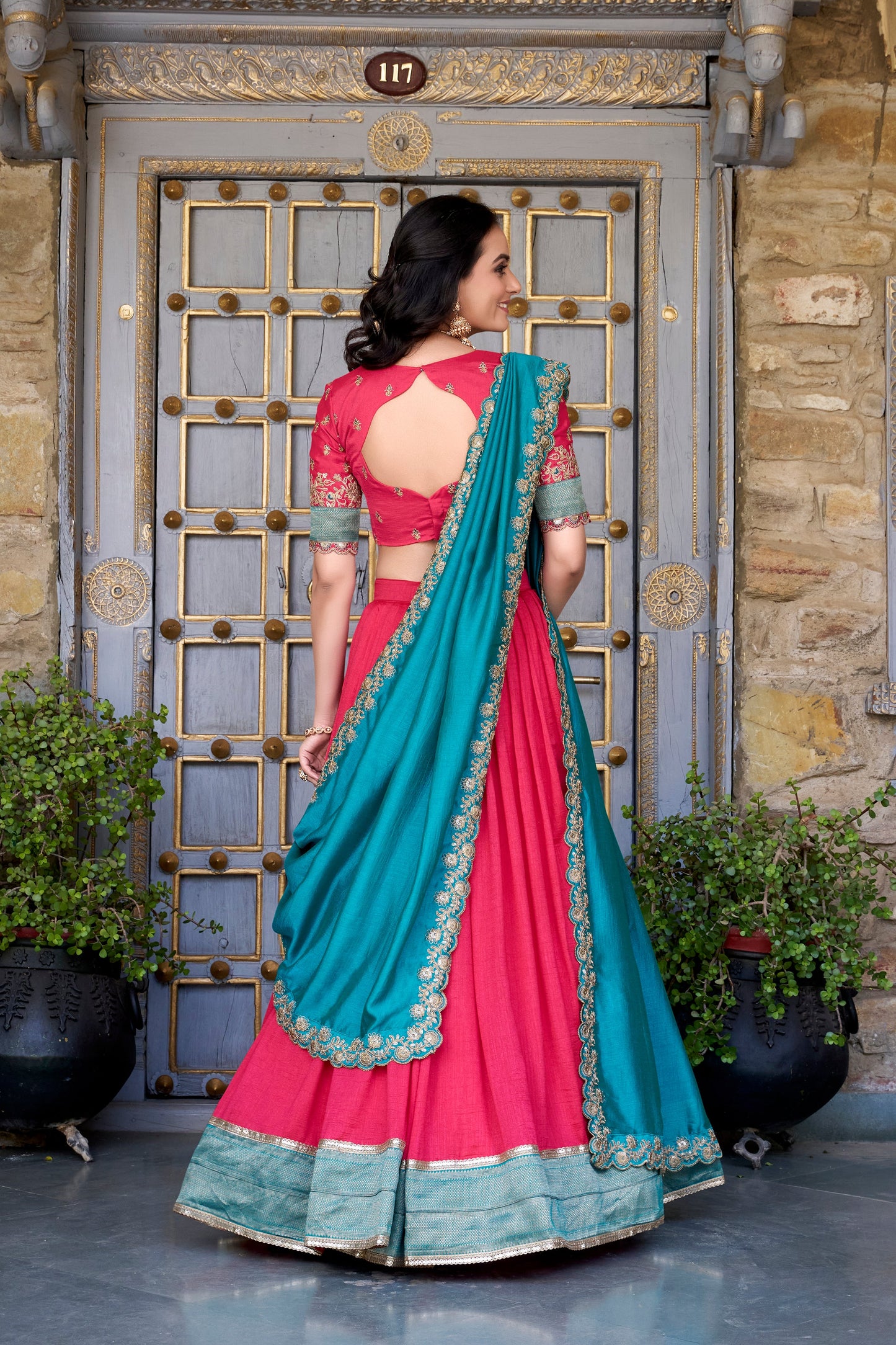 Lorenvalley Pink Vichitra Silk Zari Weaving Work Lace Border Belt with Sequins Lace Touch Up Lehenga Choli with Dupatta | Swadesiicart