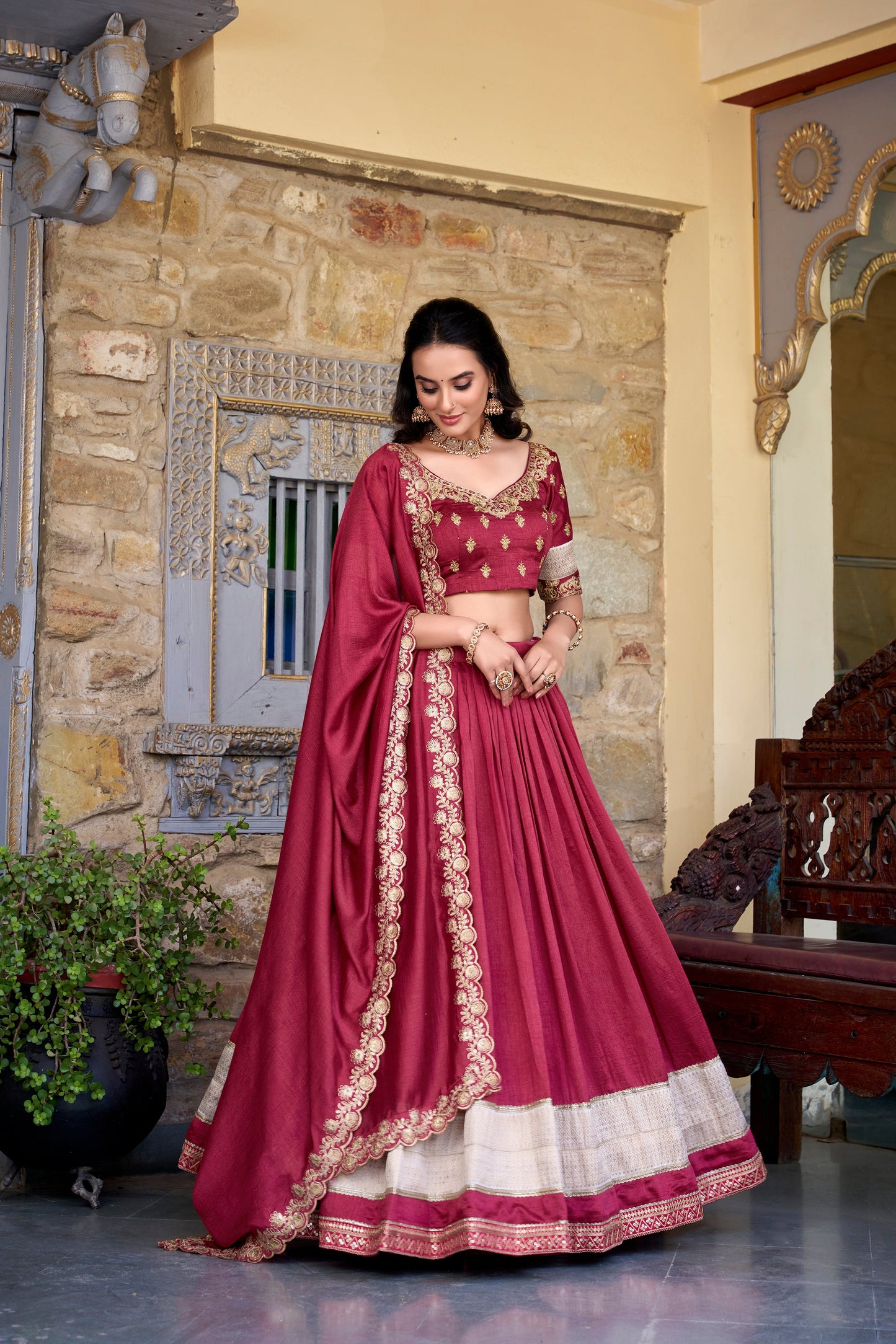 Lorenvalley Rust Vichitra Silk Zari Weaving Work Lace Border Belt with Sequins Lace Touch Up Lehenga Choli with Dupatta | Swadesiicart