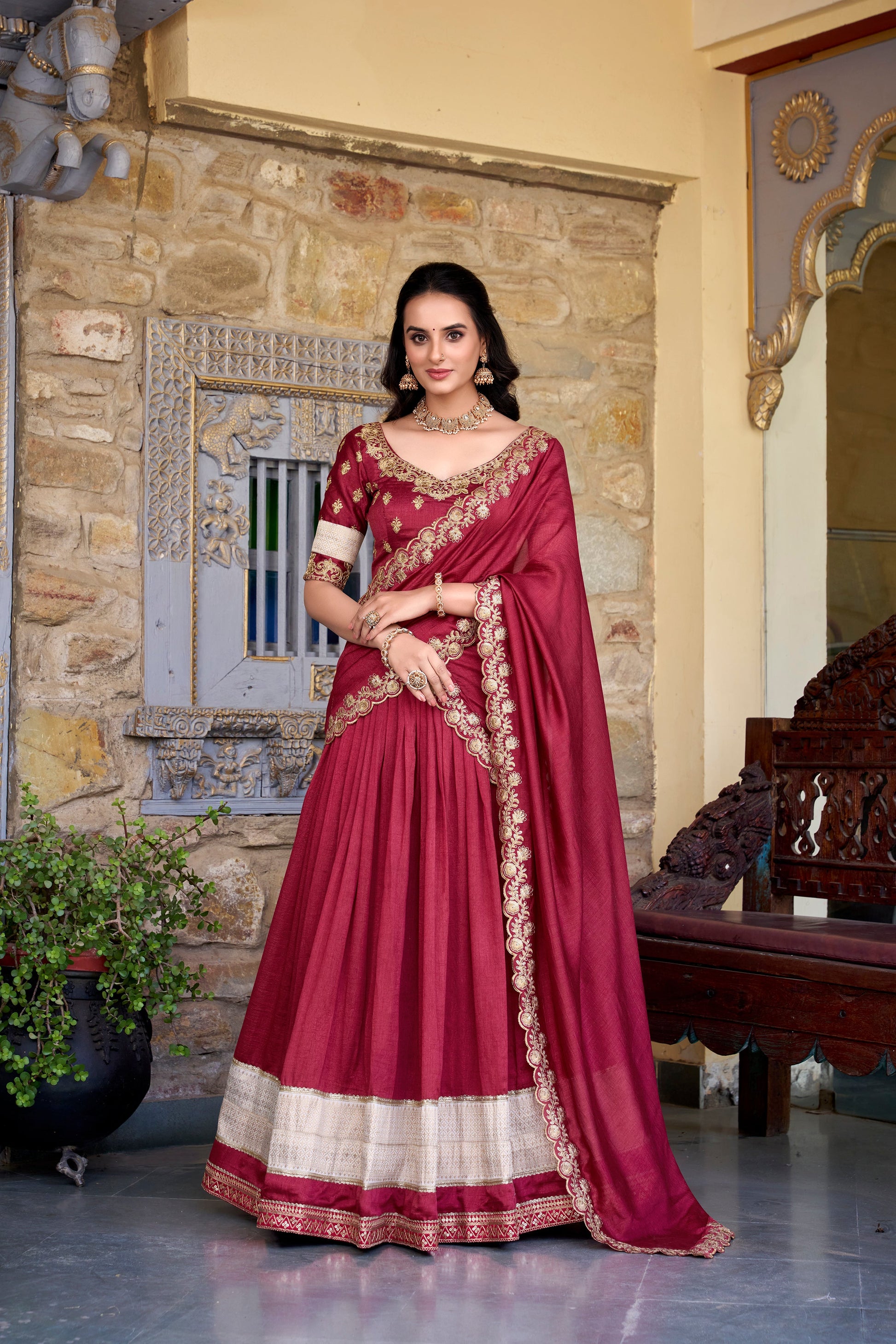 Lorenvalley Rust Vichitra Silk Zari Weaving Work Lace Border Belt with Sequins Lace Touch Up Lehenga Choli with Dupatta | Swadesiicart