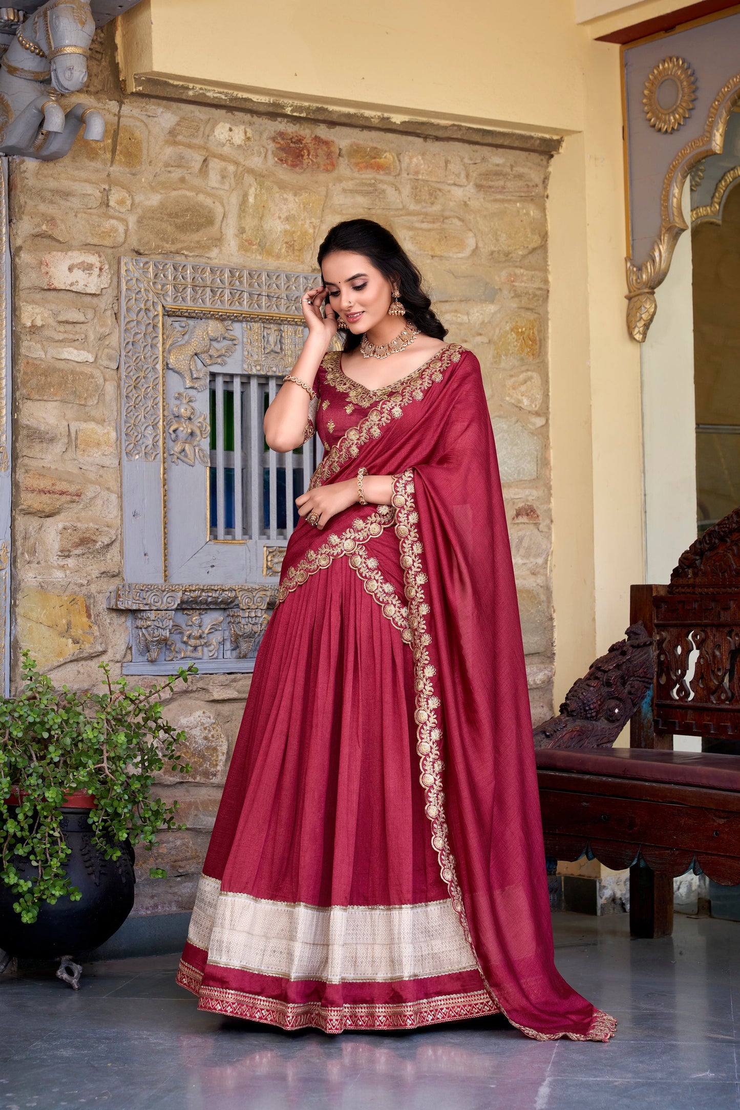 Lorenvalley Rust Vichitra Silk Zari Weaving Work Lace Border Belt with Sequins Lace Touch Up Lehenga Choli with Dupatta | Swadesiicart