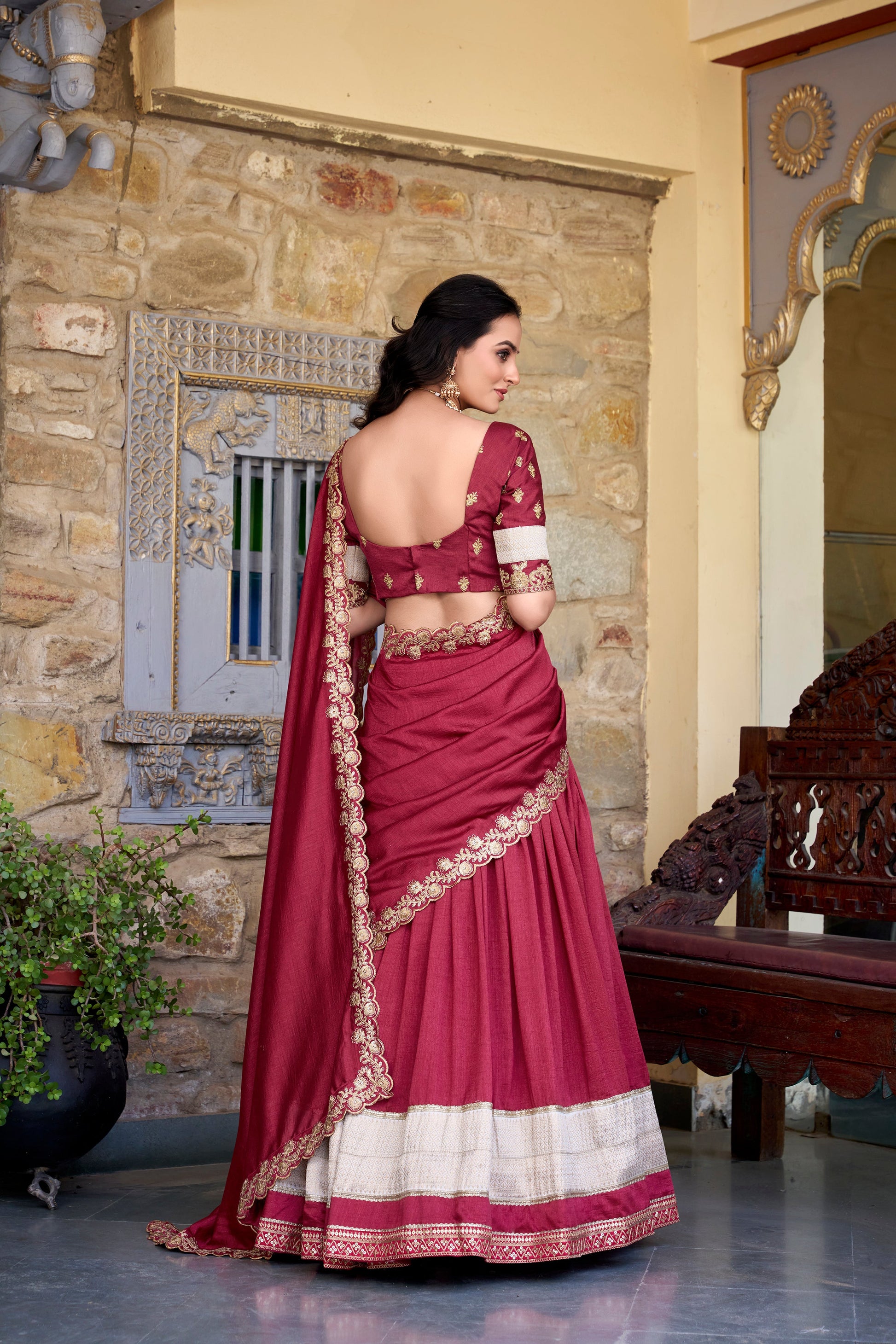 Lorenvalley Rust Vichitra Silk Zari Weaving Work Lace Border Belt with Sequins Lace Touch Up Lehenga Choli with Dupatta | Swadesiicart