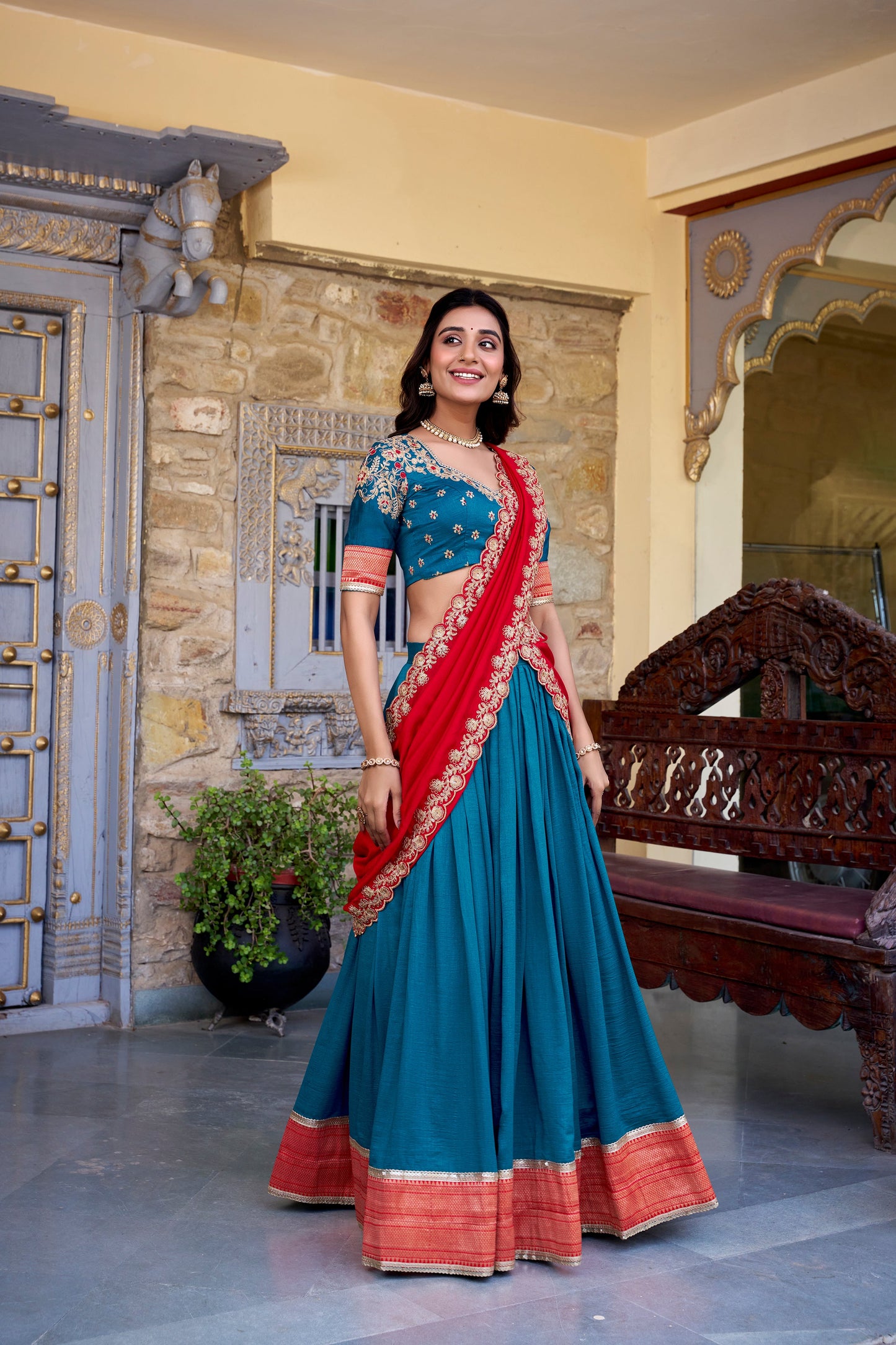 Lorenvalley Teal Vichitra Silk Zari Weaving Work Lace Border Belt with Sequins Lace Touch Up Lehenga Choli with Dupatta | Swadesiicart