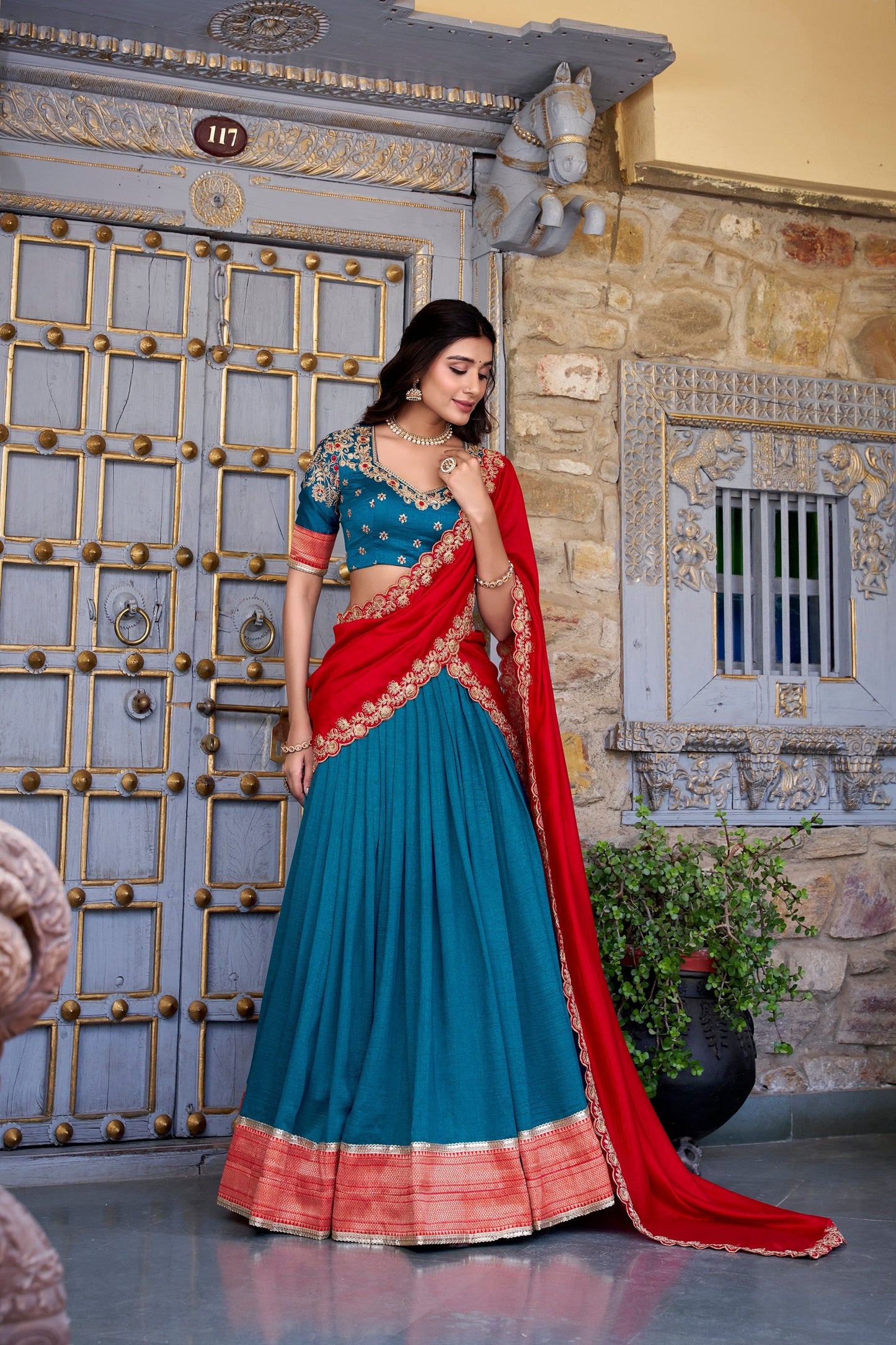 Lorenvalley Teal Vichitra Silk Zari Weaving Work Lace Border Belt with Sequins Lace Touch Up Lehenga Choli with Dupatta | Swadesiicart