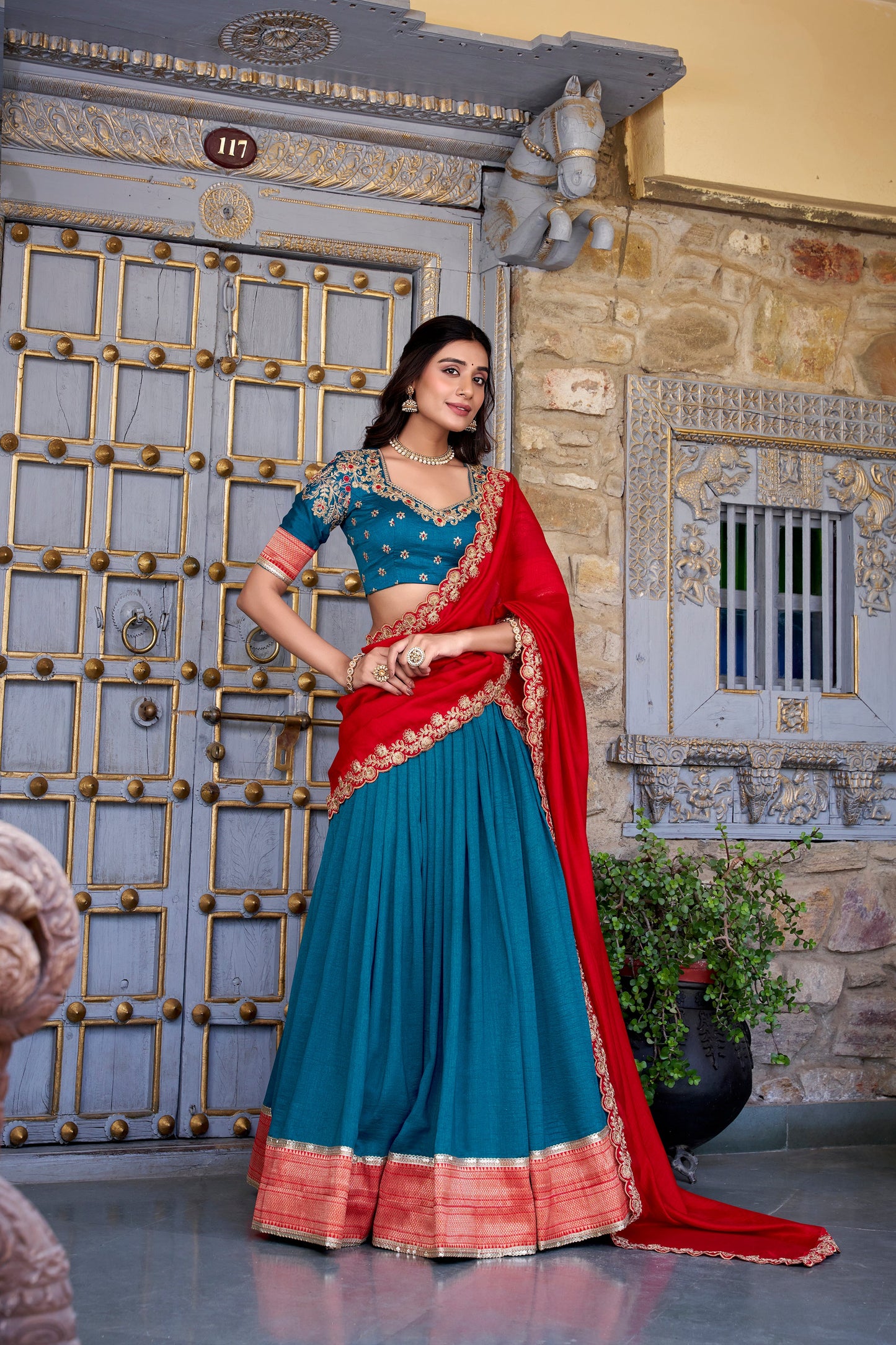 Lorenvalley Teal Vichitra Silk Zari Weaving Work Lace Border Belt with Sequins Lace Touch Up Lehenga Choli with Dupatta | Swadesiicart