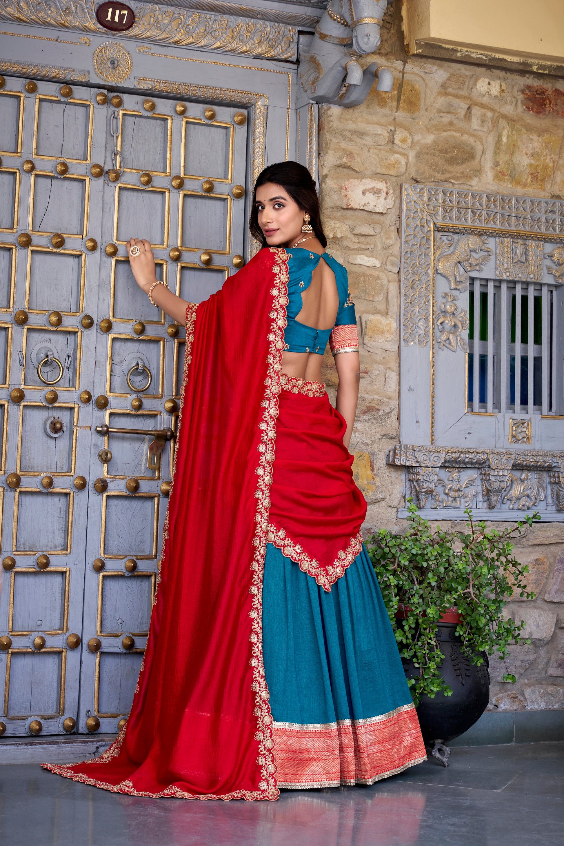 Lorenvalley Teal Vichitra Silk Zari Weaving Work Lace Border Belt with Sequins Lace Touch Up Lehenga Choli with Dupatta | Swadesiicart