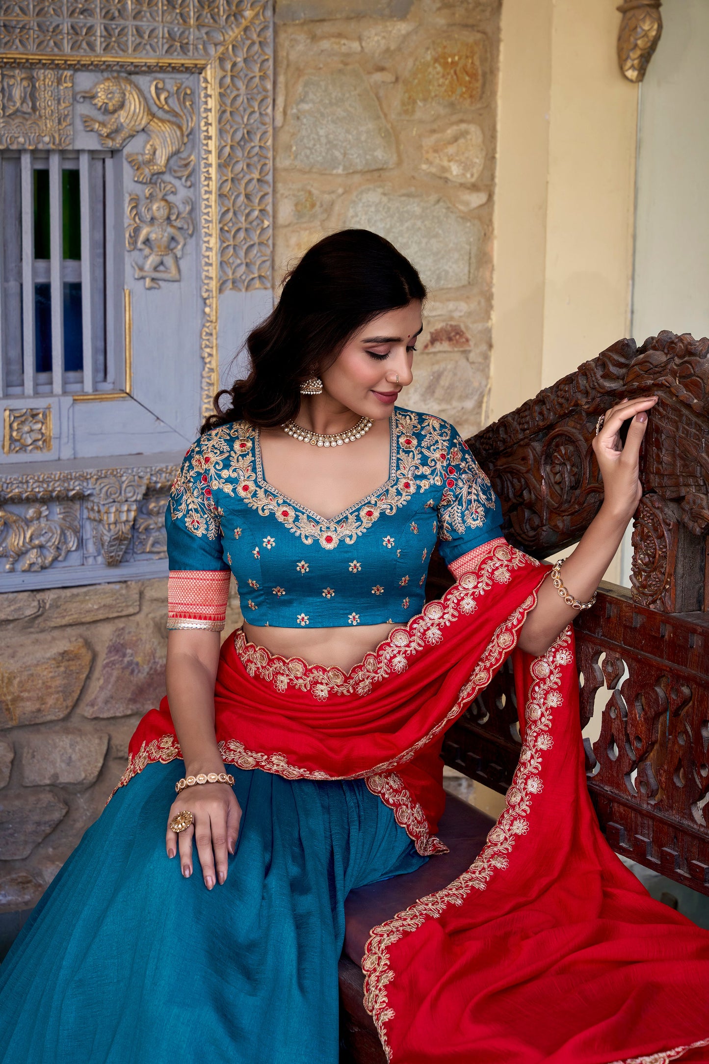 Lorenvalley Teal Vichitra Silk Zari Weaving Work Lace Border Belt with Sequins Lace Touch Up Lehenga Choli with Dupatta | Swadesiicart