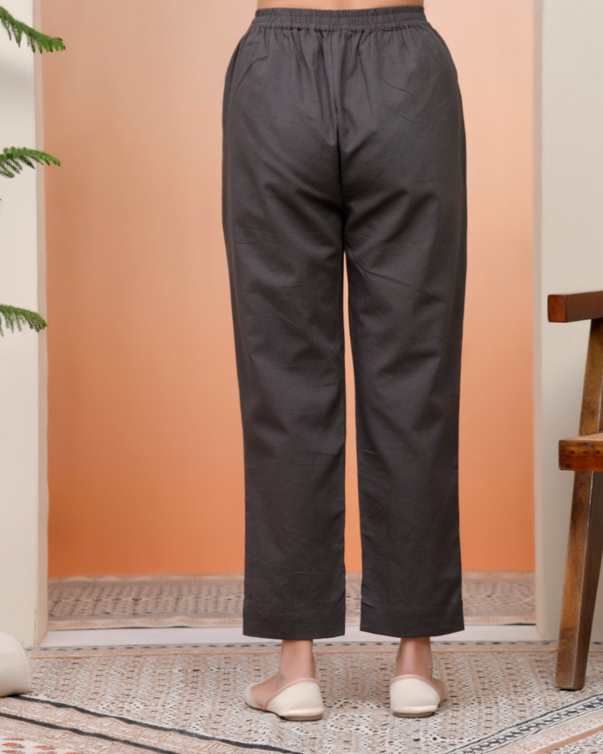 Vaasva Women Charcoal Cotton Flax Solid Straight Pants | Swadesiicart