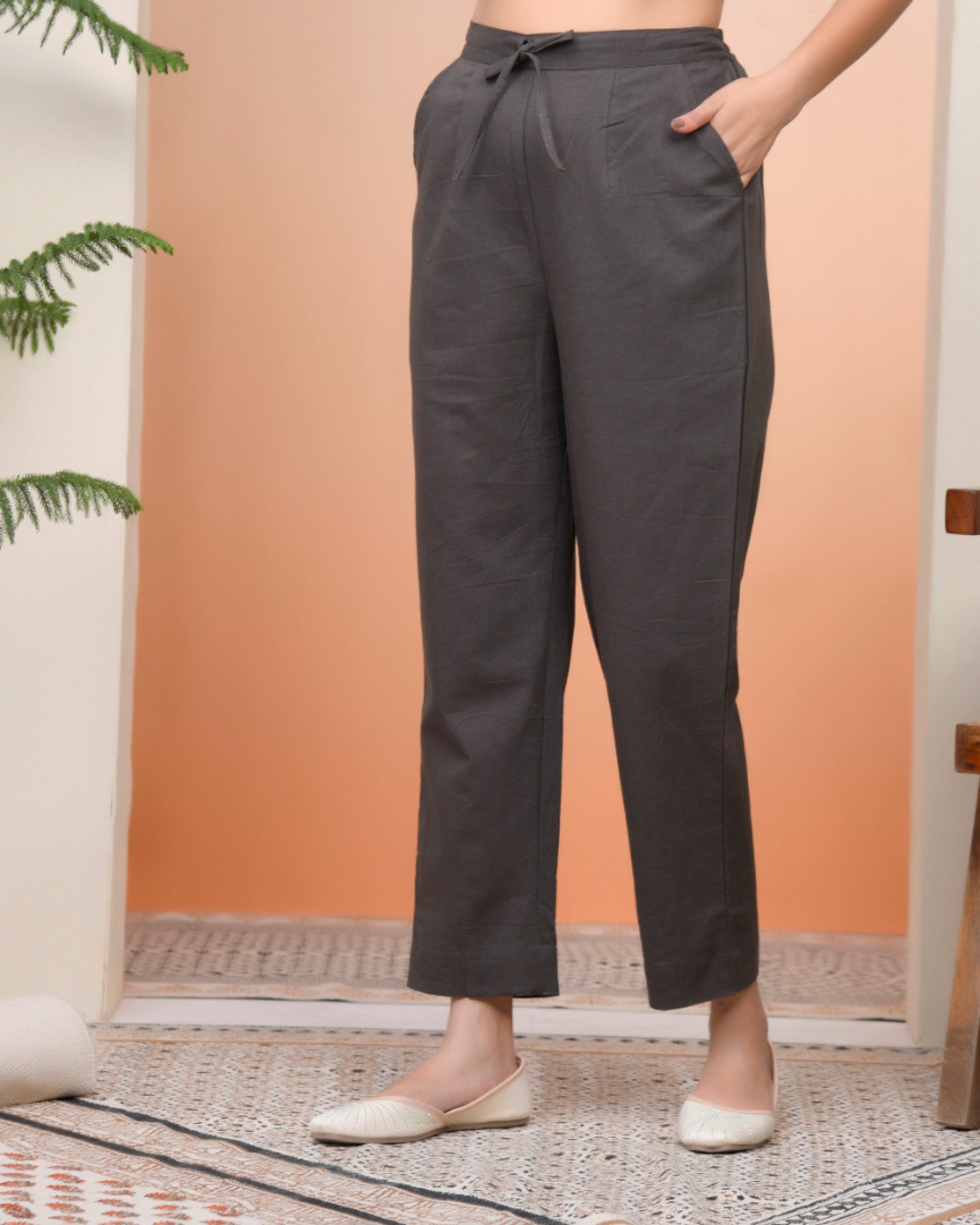 Vaasva Women Charcoal Cotton Flax Solid Straight Pants | Swadesiicart