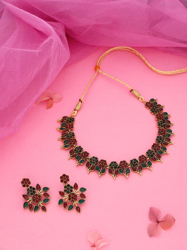 Tehzeeb Creations Green & Maroon Colour Gold Pleated Stone Studded Necklace With Earrings - Swadesiicart