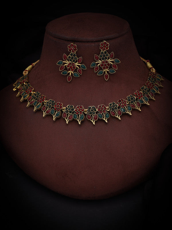 Tehzeeb Creations Green & Maroon Colour Gold Pleated Stone Studded Necklace With Earrings - Swadesiicart