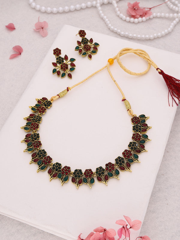 Tehzeeb Creations Green & Maroon Colour Gold Pleated Stone Studded Necklace With Earrings - Swadesiicart