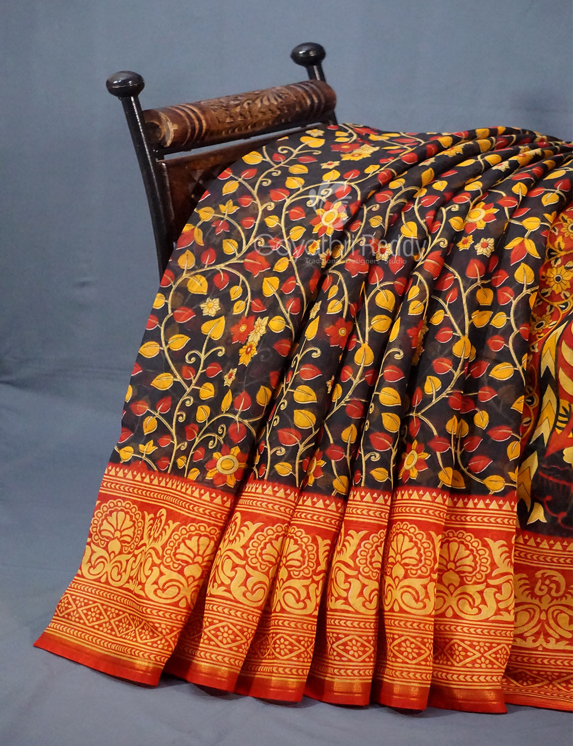 Shades of Black Colour Printed Semi Chanderi Saree By Gayathri Reddy Designer Studio | Swadesiicart