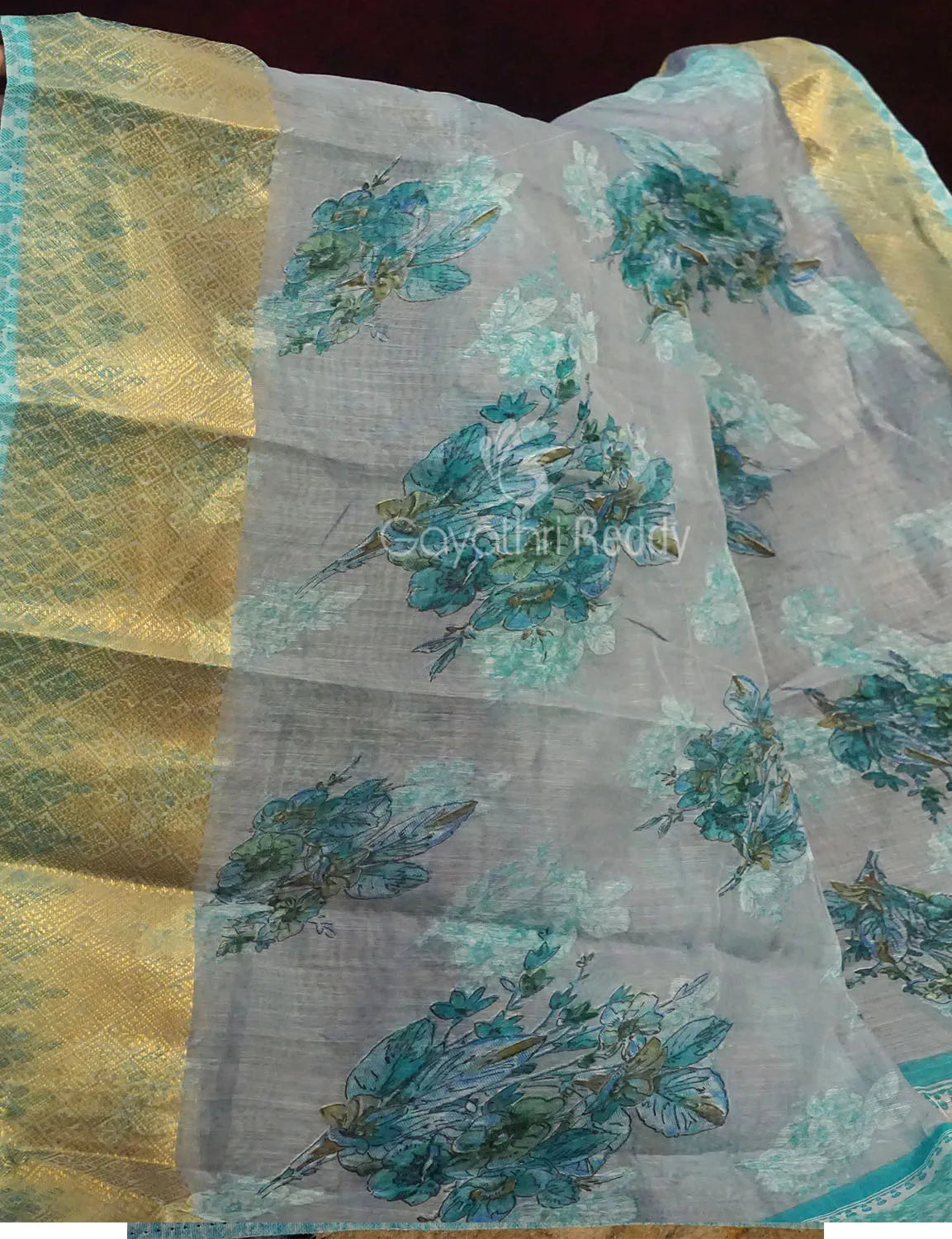 Pastel Blue Colour Floral All Over Print Semi Chanderi Saree By Gayathri Reddy Designer Studio | Swadesiicart