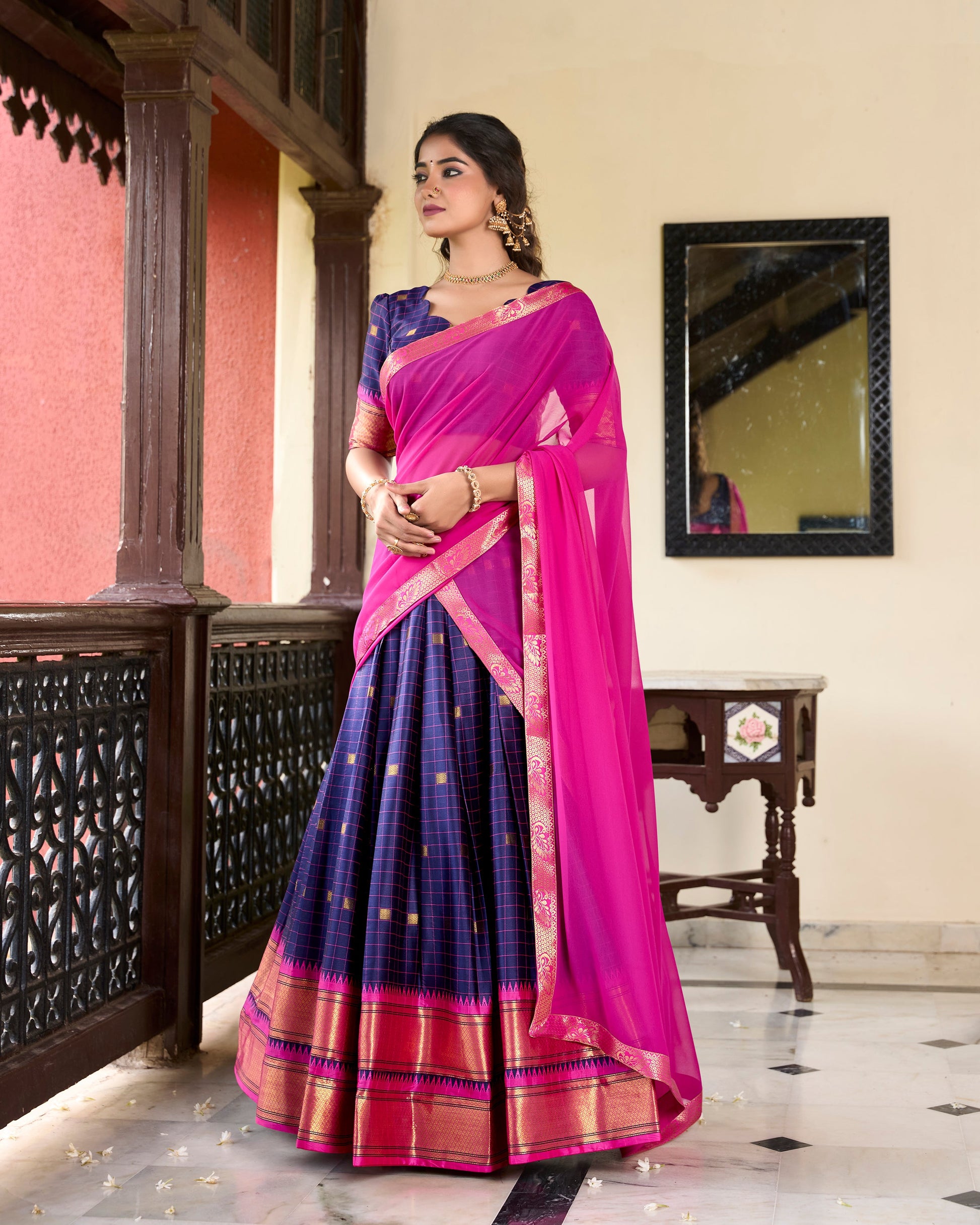 Lorenvalley Blue Cotton Silk Weaving Work With Paithani Concept Lehenga Choli | Swadesiicart
