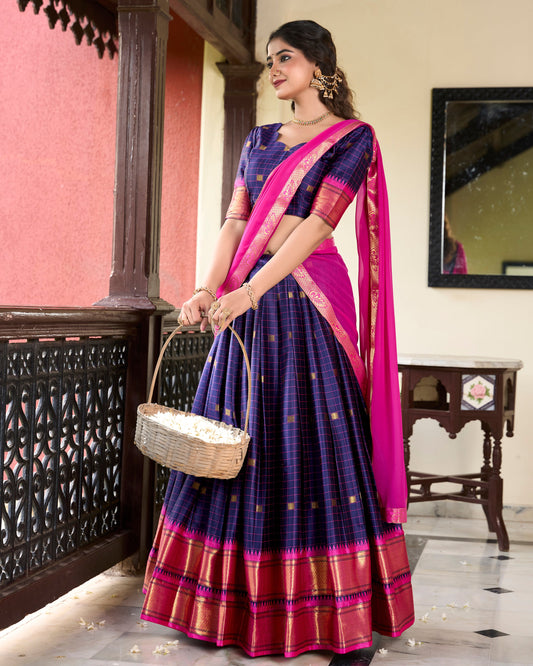 Lorenvalley Blue Cotton Silk Weaving Work With Paithani Concept Lehenga Choli | Swadesiicart