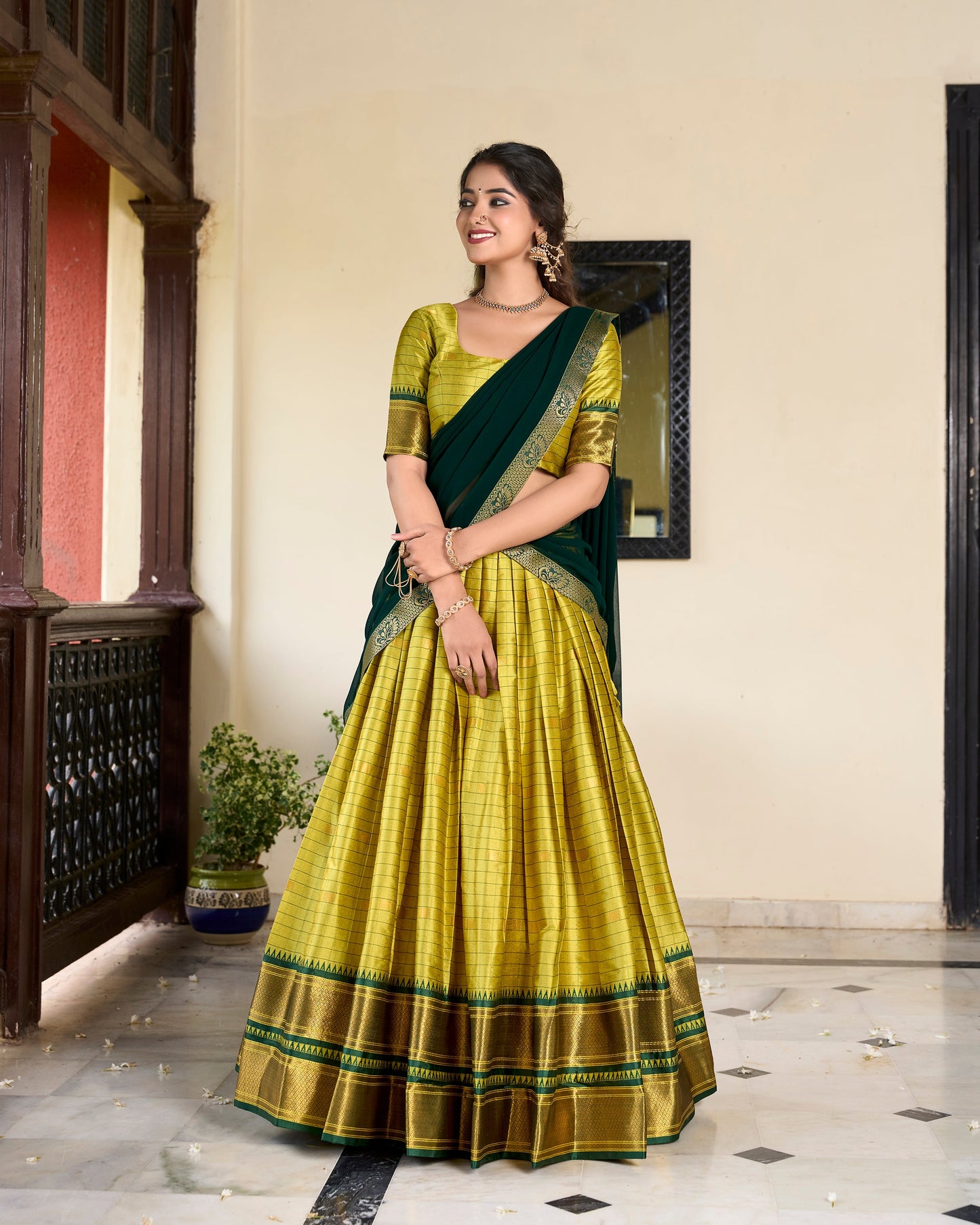 Lorenvalley Green Cotton Silk Weaving Work With Paithani Concept Lehenga Choli | Swadesiicart