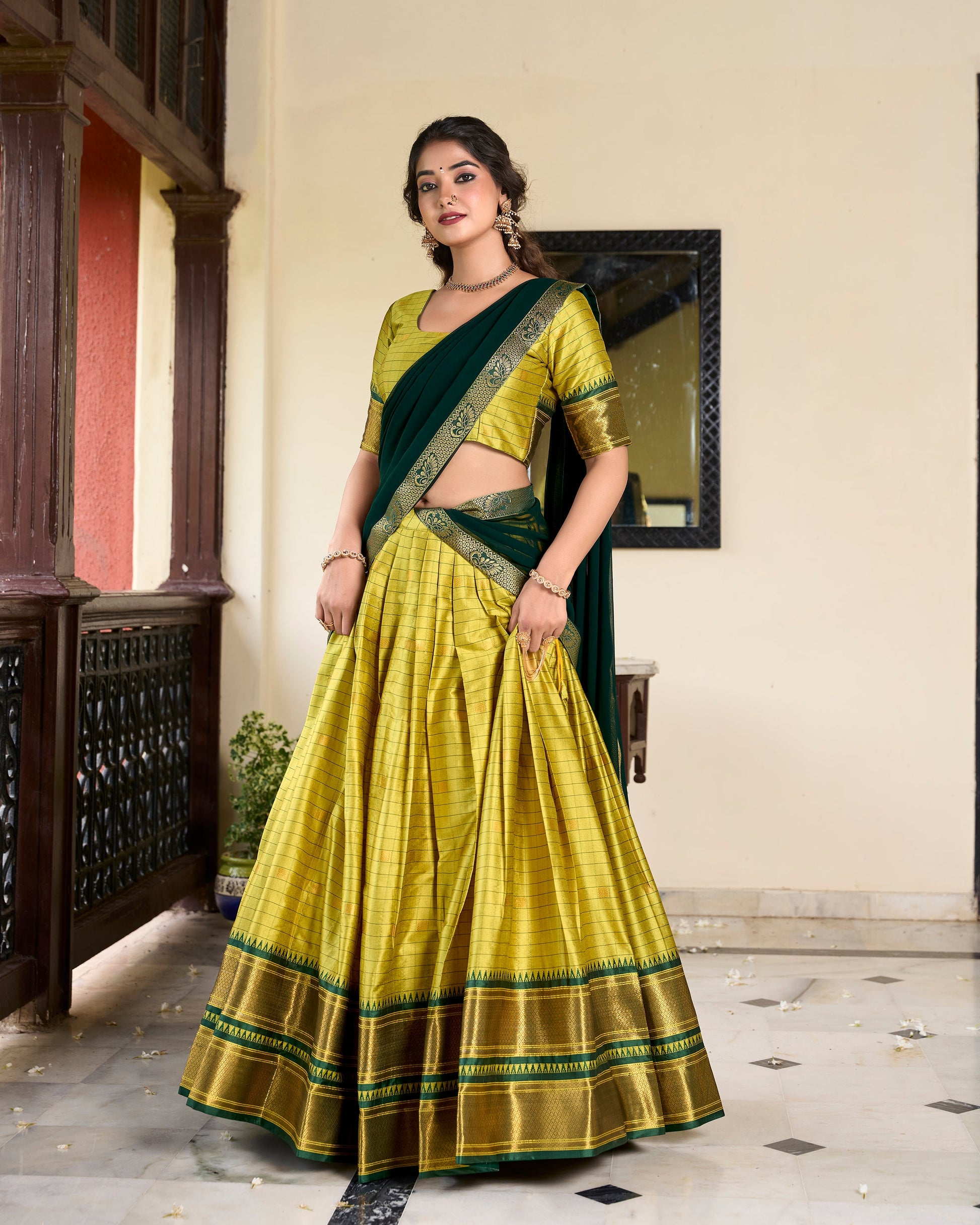 Lorenvalley Green Cotton Silk Weaving Work With Paithani Concept Lehenga Choli | Swadesiicart