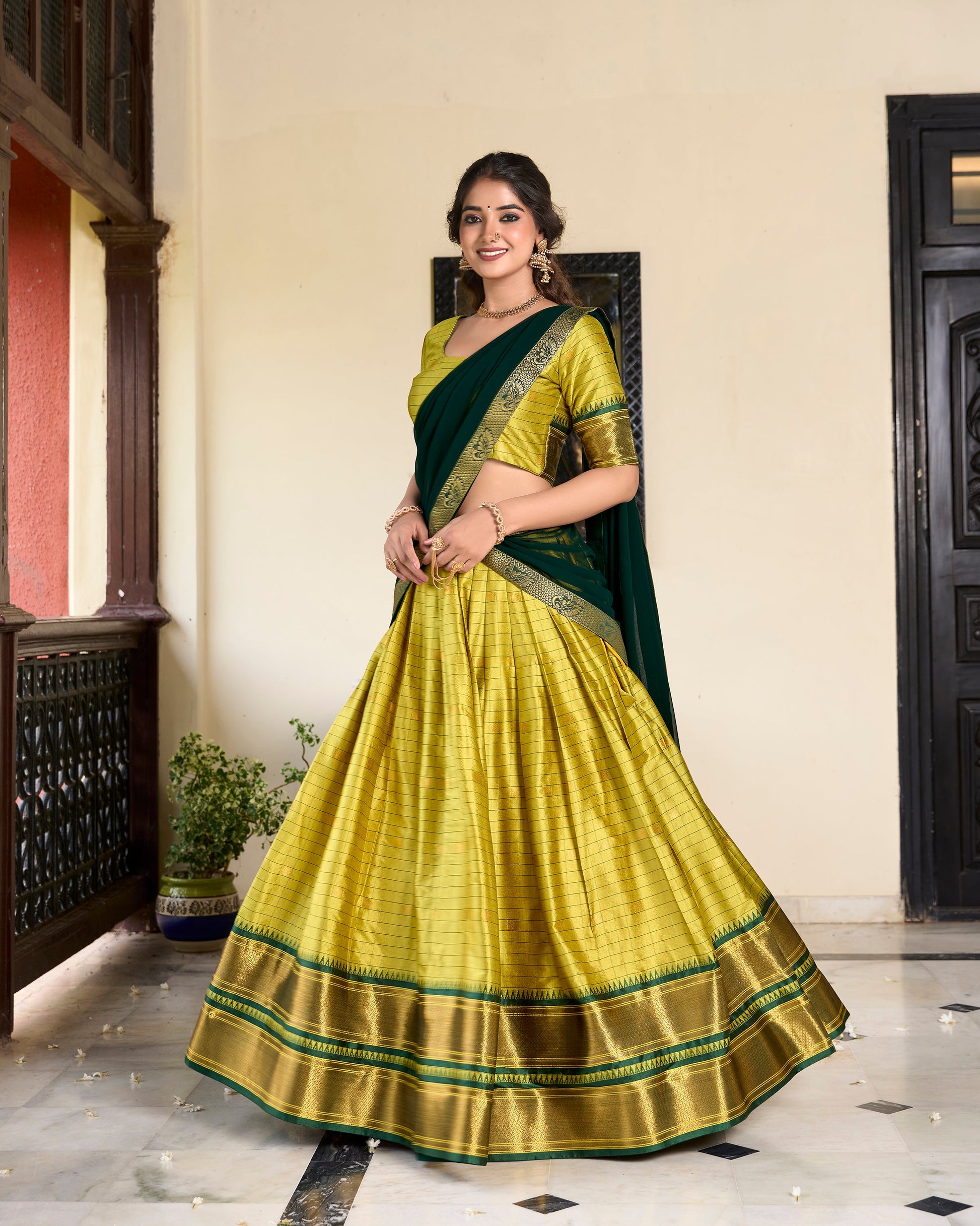 Lorenvalley Green Cotton Silk Weaving Work With Paithani Concept Lehenga Choli | Swadesiicart