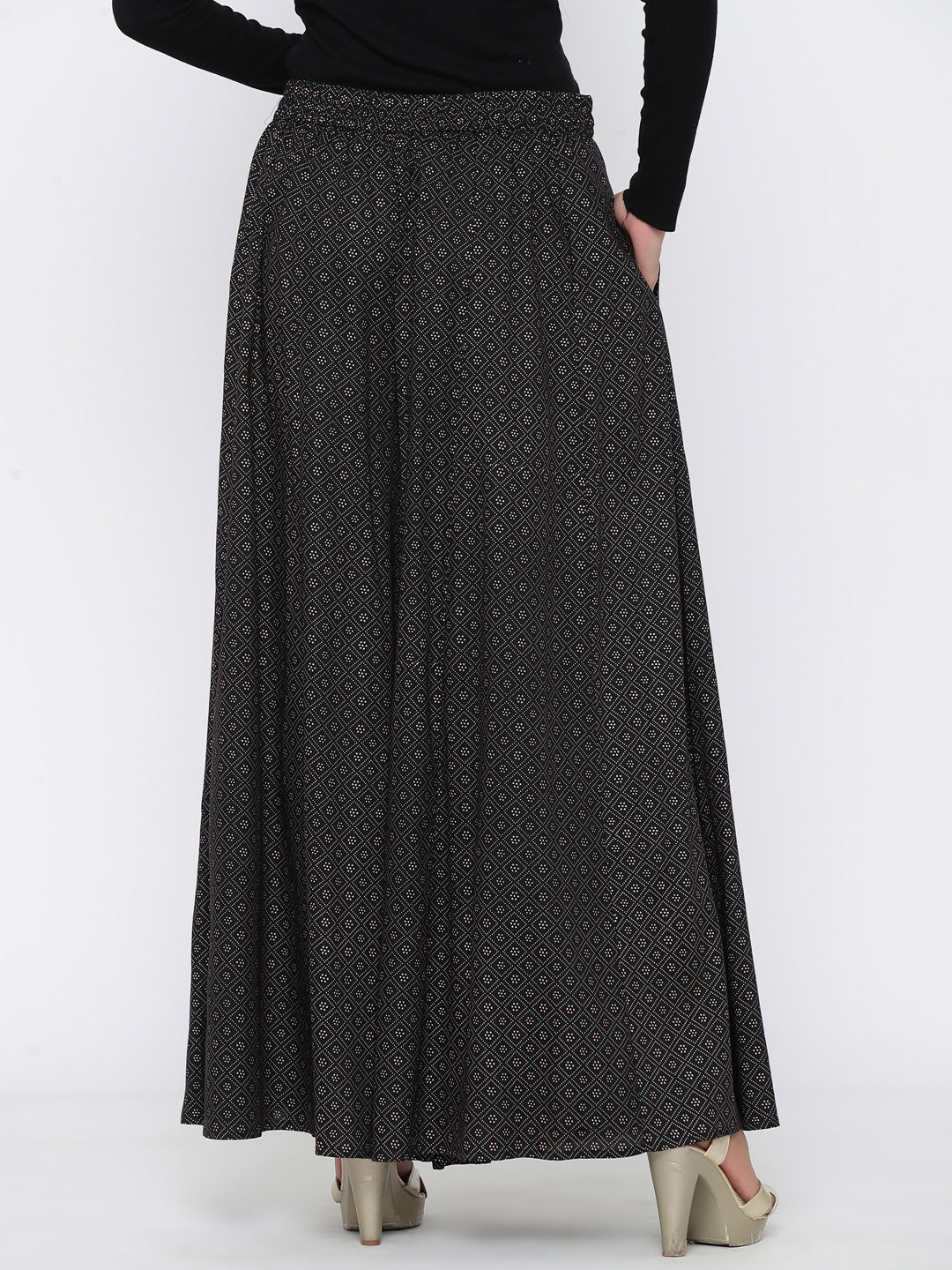 Juniper Women Black Rayon Printed Flared Palazzo | Swadesiicart