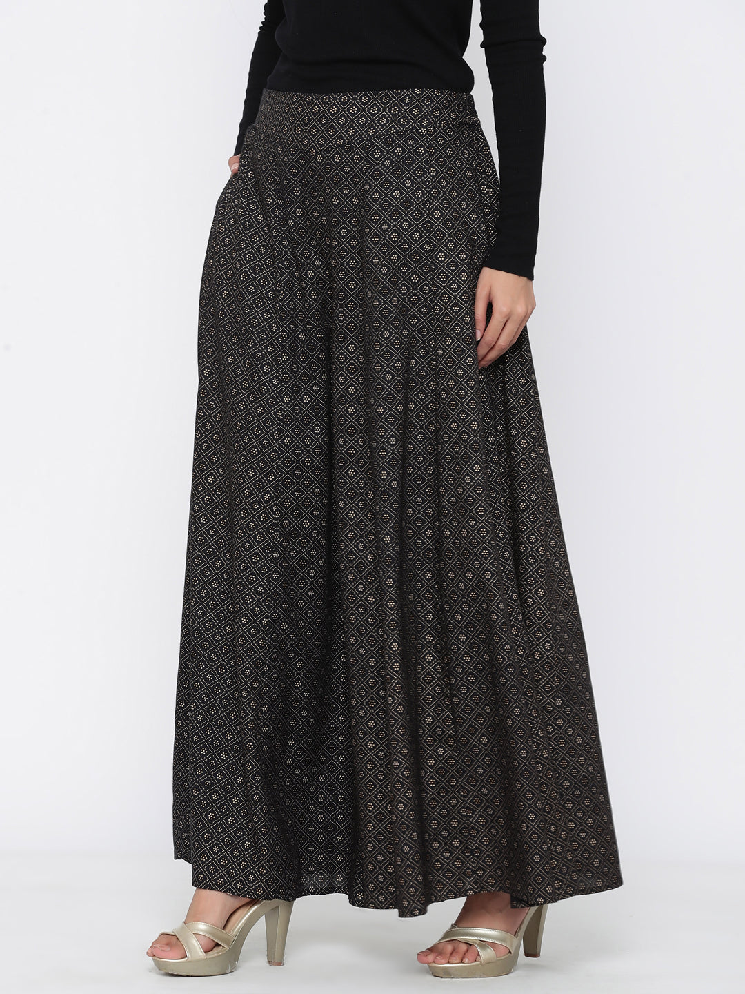 Juniper Women Black Rayon Printed Flared Palazzo | Swadesiicart