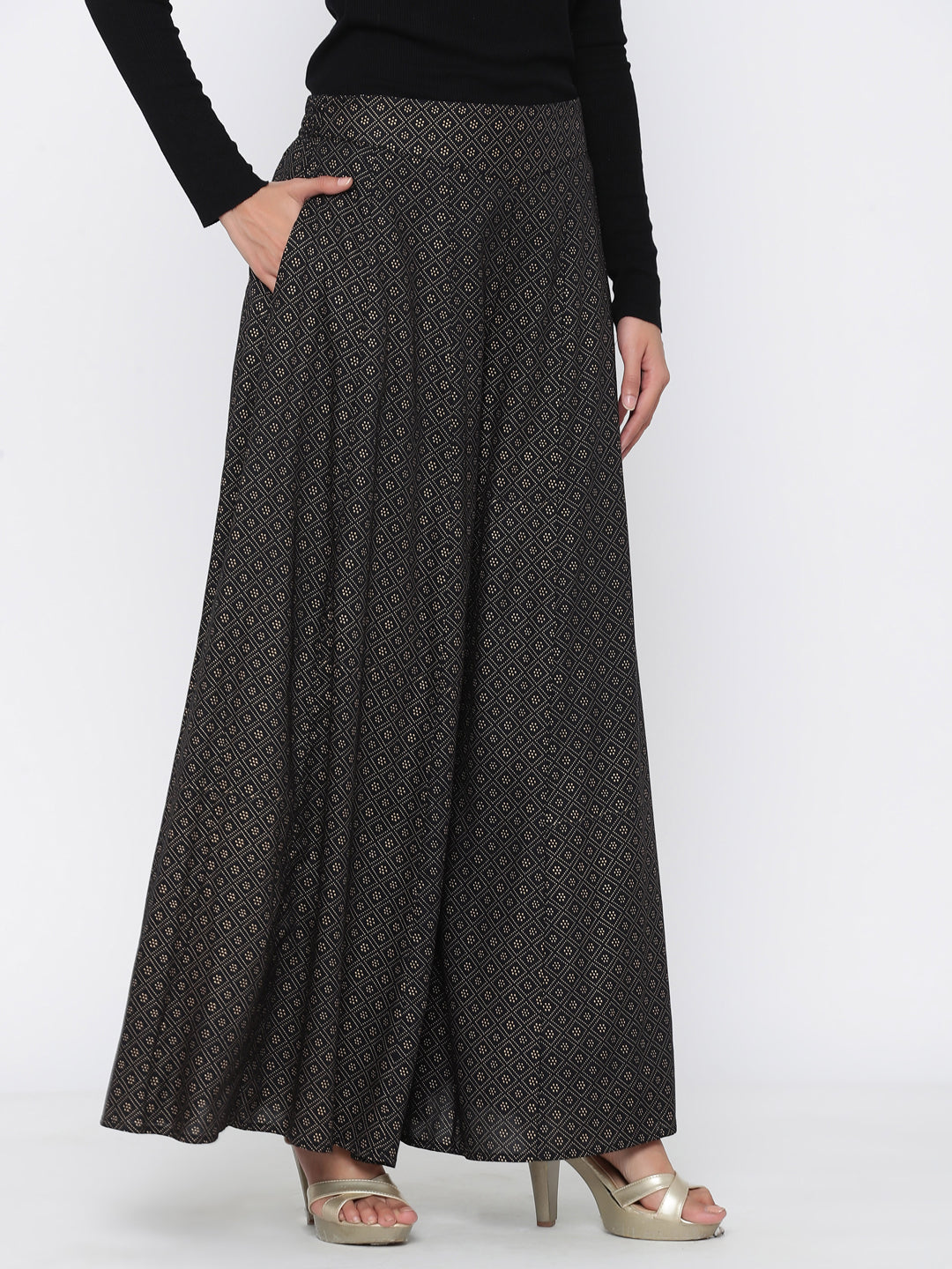 Juniper Women Black Rayon Printed Flared Palazzo | Swadesiicart