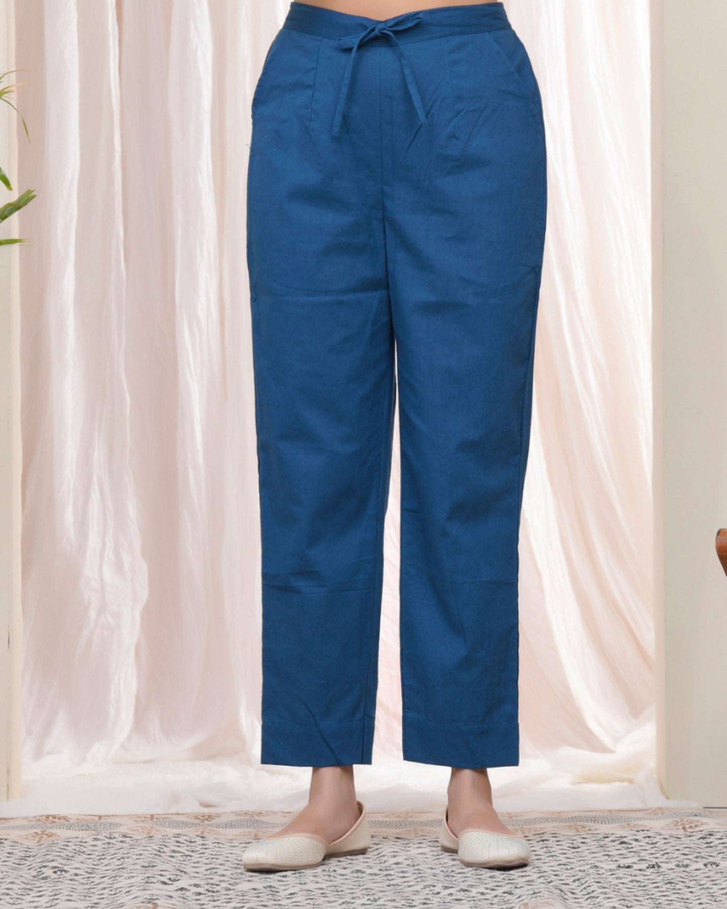 Vaasva Women Cobalt Blue Cotton Flax Solid Straight Pants | Swadesiicart