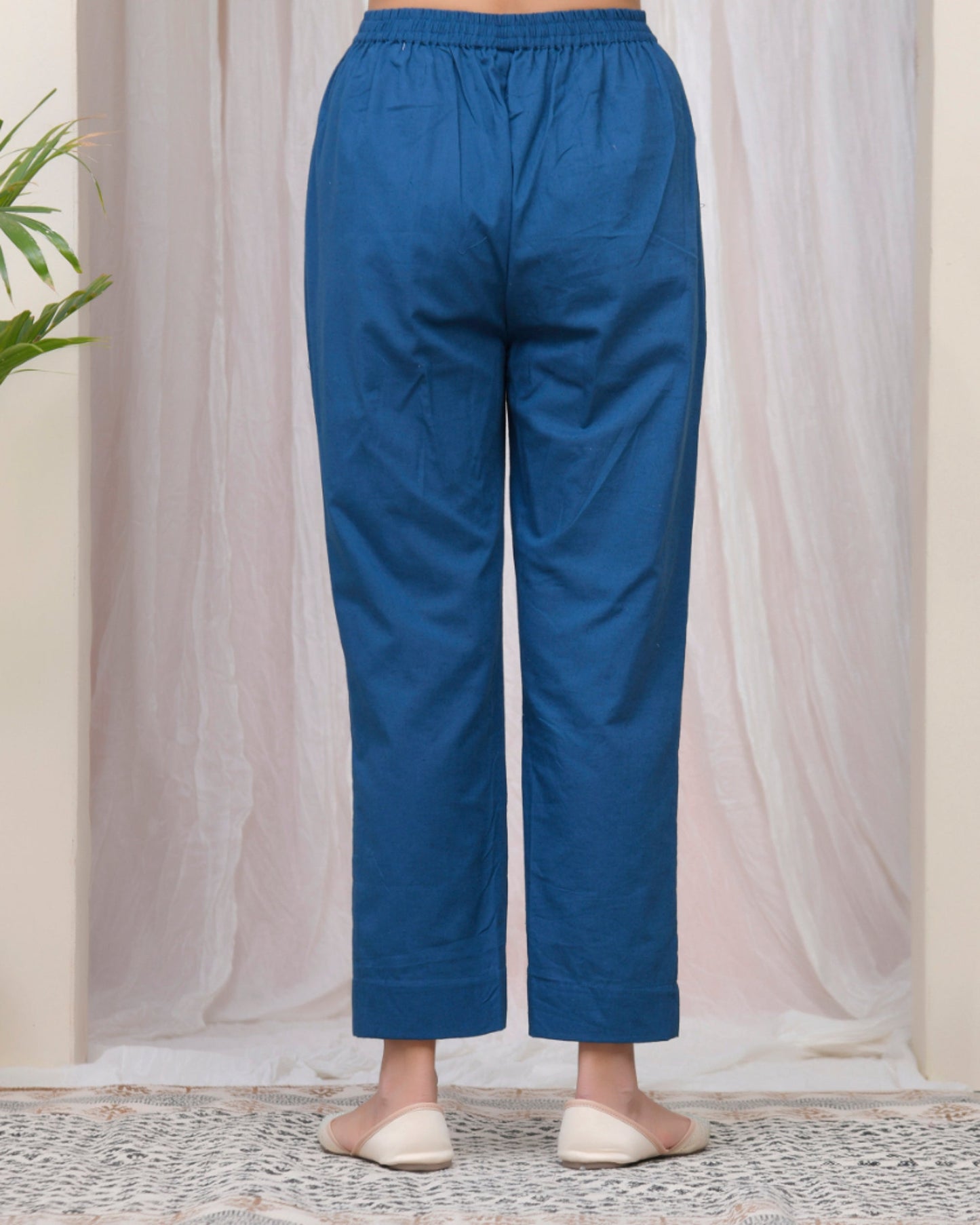 Vaasva Women Cobalt Blue Cotton Flax Solid Straight Pants | Swadesiicart