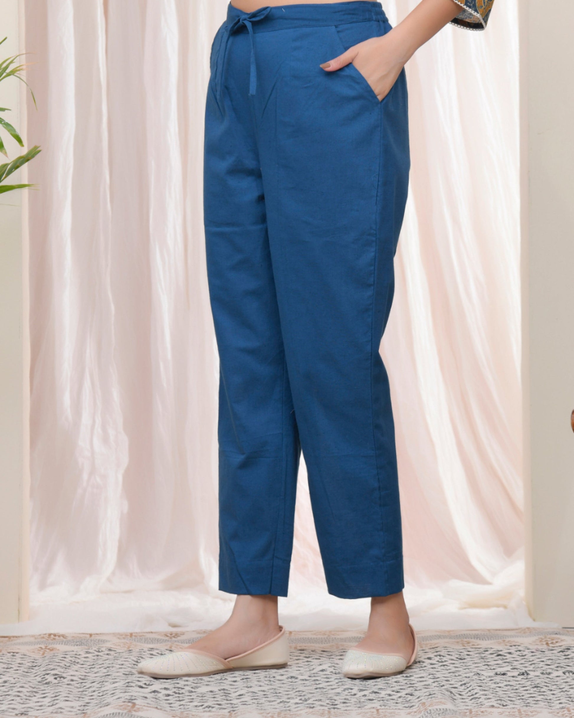 Vaasva Women Cobalt Blue Cotton Flax Solid Straight Pants | Swadesiicart