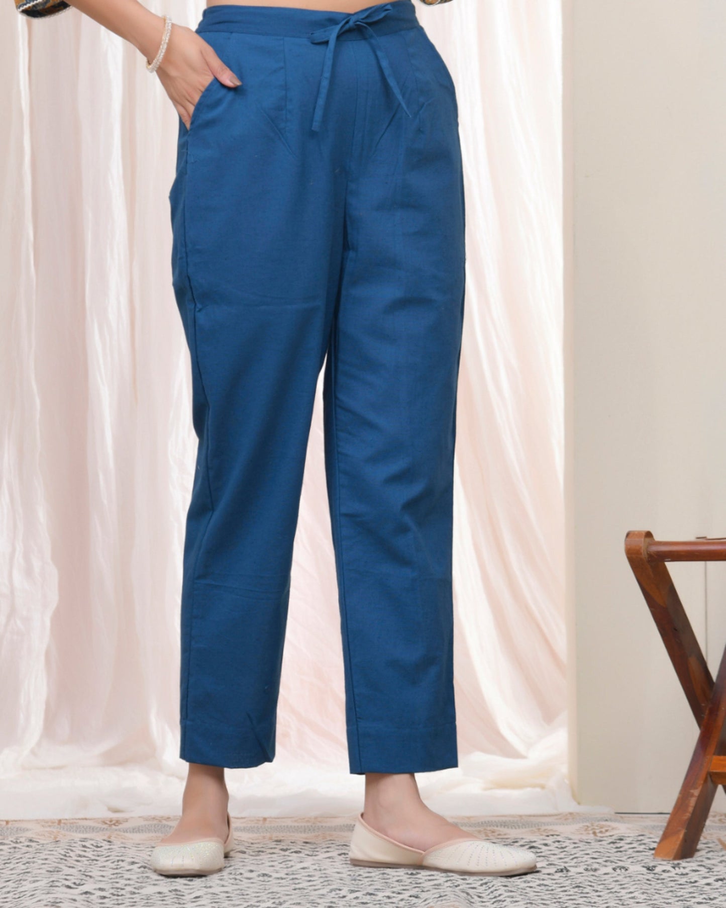 Vaasva Women Cobalt Blue Cotton Flax Solid Straight Pants | Swadesiicart