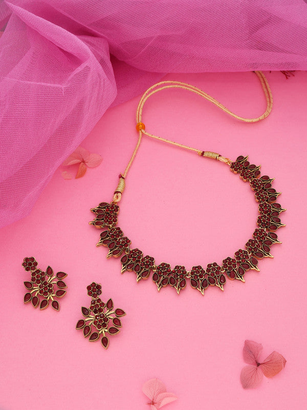 Tehzeeb Creations Maroon Colour Gold Pleated Stone Studded Necklace With Earrings - Swadesiicart
