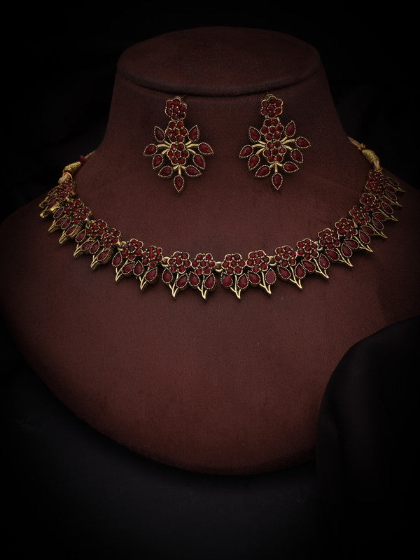 Tehzeeb Creations Maroon Colour Gold Pleated Stone Studded Necklace With Earrings - Swadesiicart