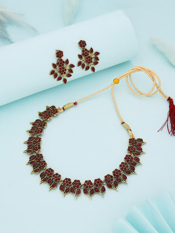 Tehzeeb Creations Maroon Colour Gold Pleated Stone Studded Necklace With Earrings - Swadesiicart