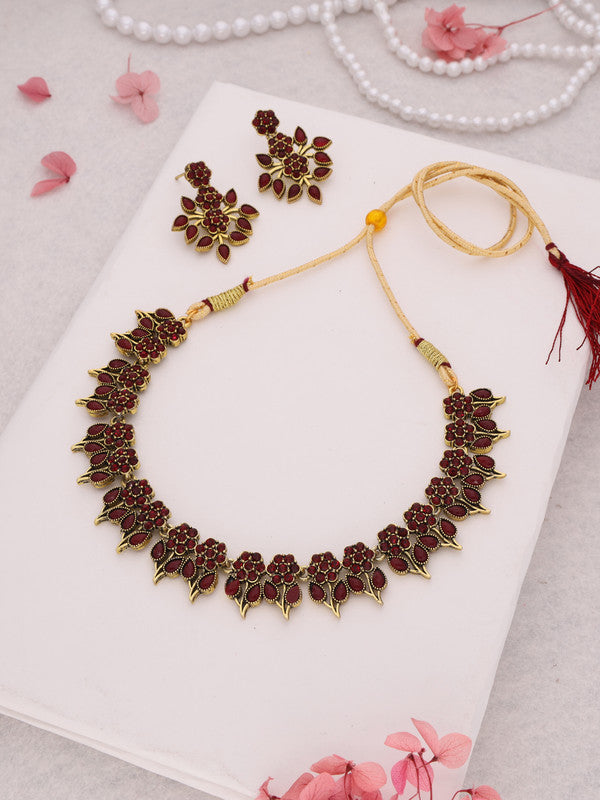 Tehzeeb Creations Maroon Colour Gold Pleated Stone Studded Necklace With Earrings - Swadesiicart