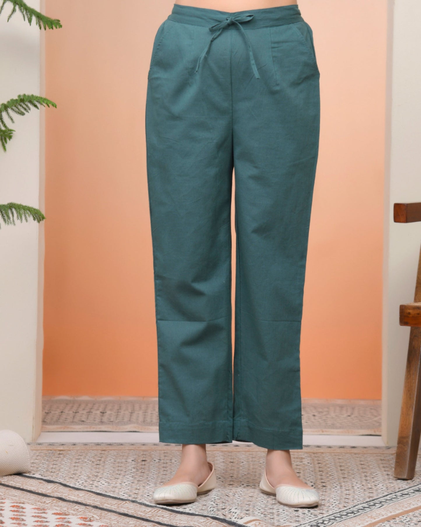 Vaasva Women Ferozi Cotton Flax Solid Straight Pants | Swadesiicart