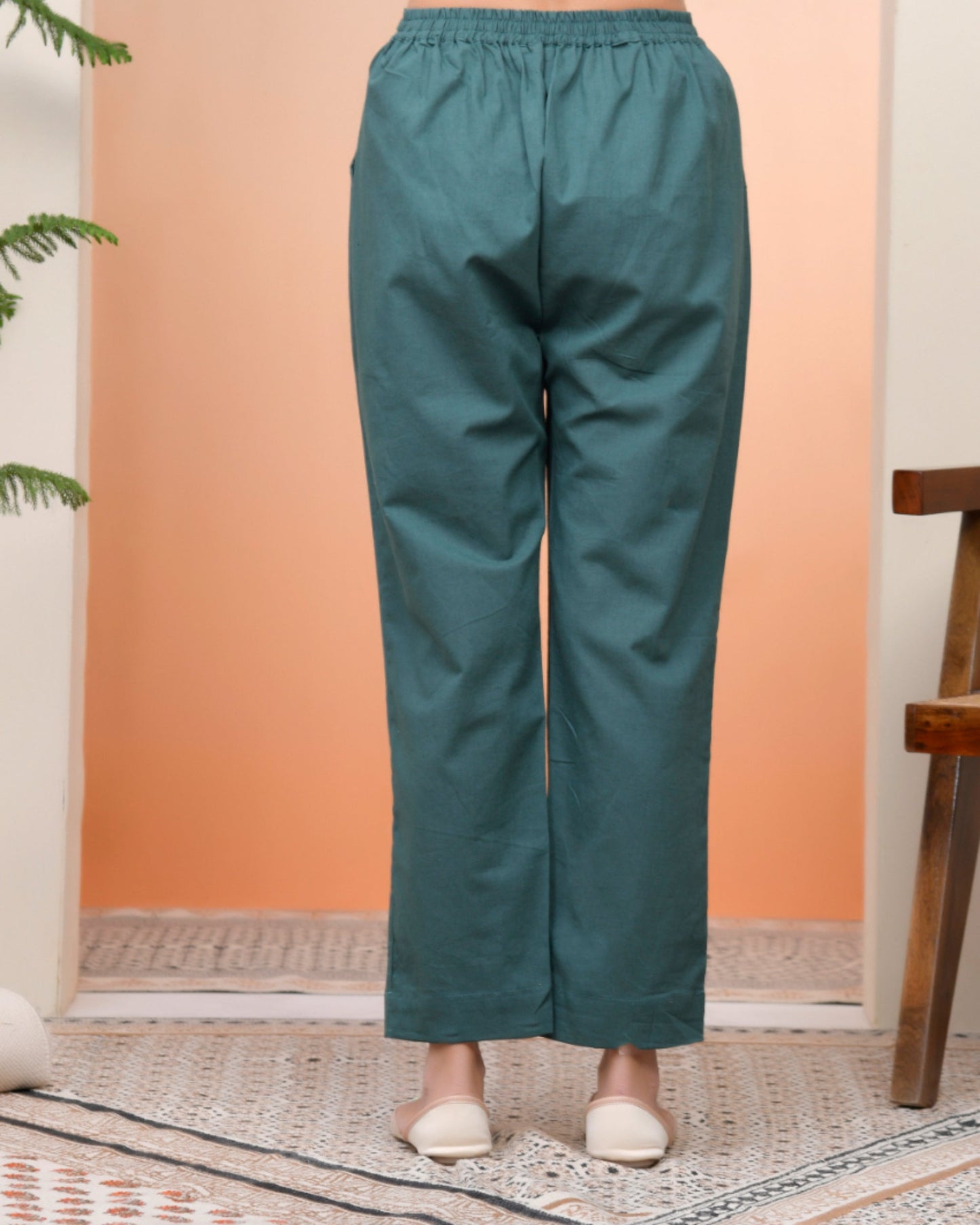 Vaasva Women Ferozi Cotton Flax Solid Straight Pants | Swadesiicart