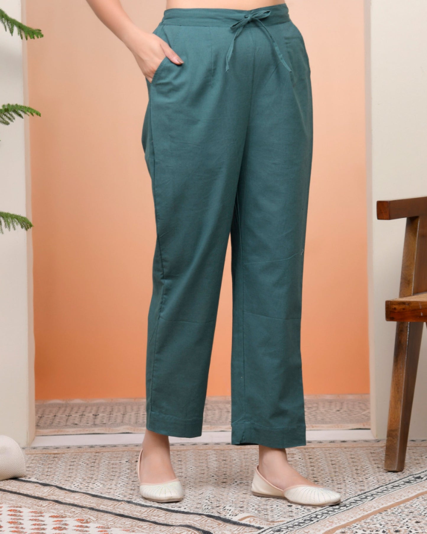 Vaasva Women Ferozi Cotton Flax Solid Straight Pants | Swadesiicart