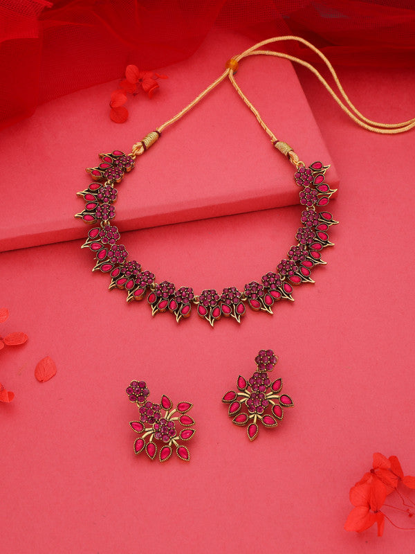 Tehzeeb Creations Pink Colour Gold Pleated Stone Studded Necklace With Earrings - Swadesiicart