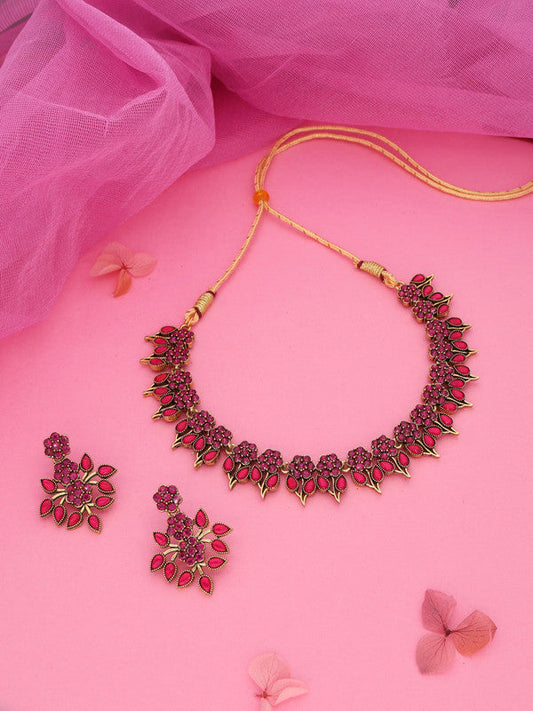 Tehzeeb Creations Pink Colour Gold Pleated Stone Studded Necklace With Earrings - Swadesiicart