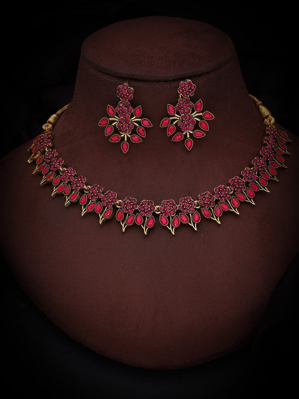 Tehzeeb Creations Pink Colour Gold Pleated Stone Studded Necklace With Earrings - Swadesiicart