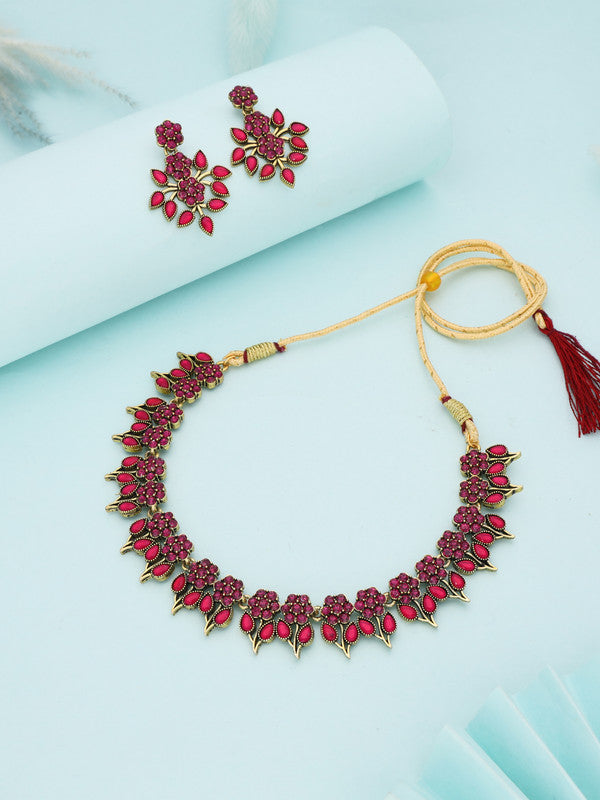 Tehzeeb Creations Pink Colour Gold Pleated Stone Studded Necklace With Earrings - Swadesiicart